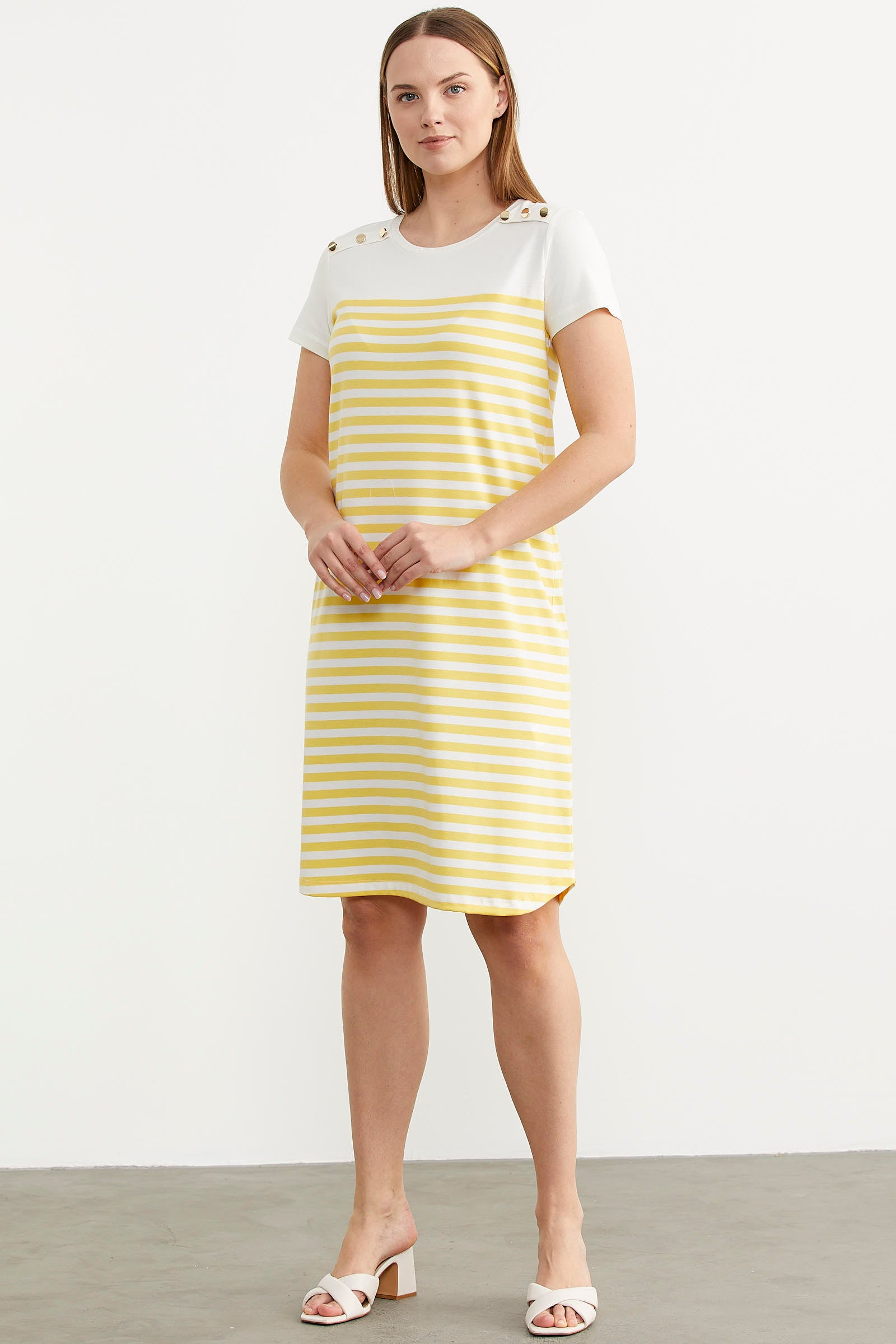 Düğme Detaylı Çizgili Penye Elbise - Sarı (2) Sementa