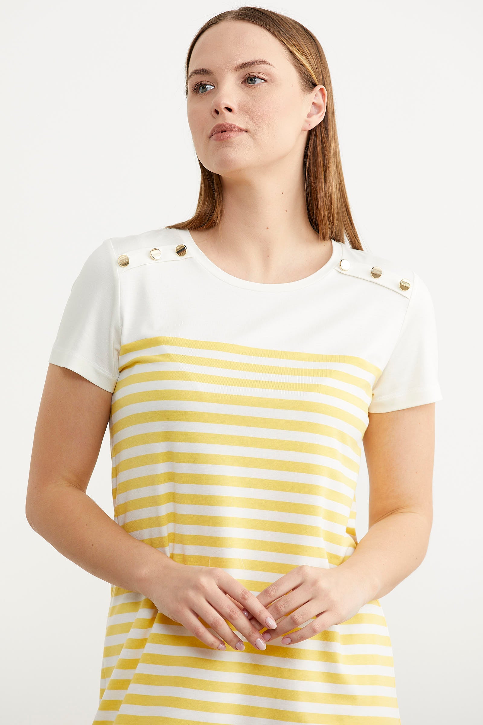 Düğme Detaylı Çizgili Penye Elbise - Sarı (4) Sementa