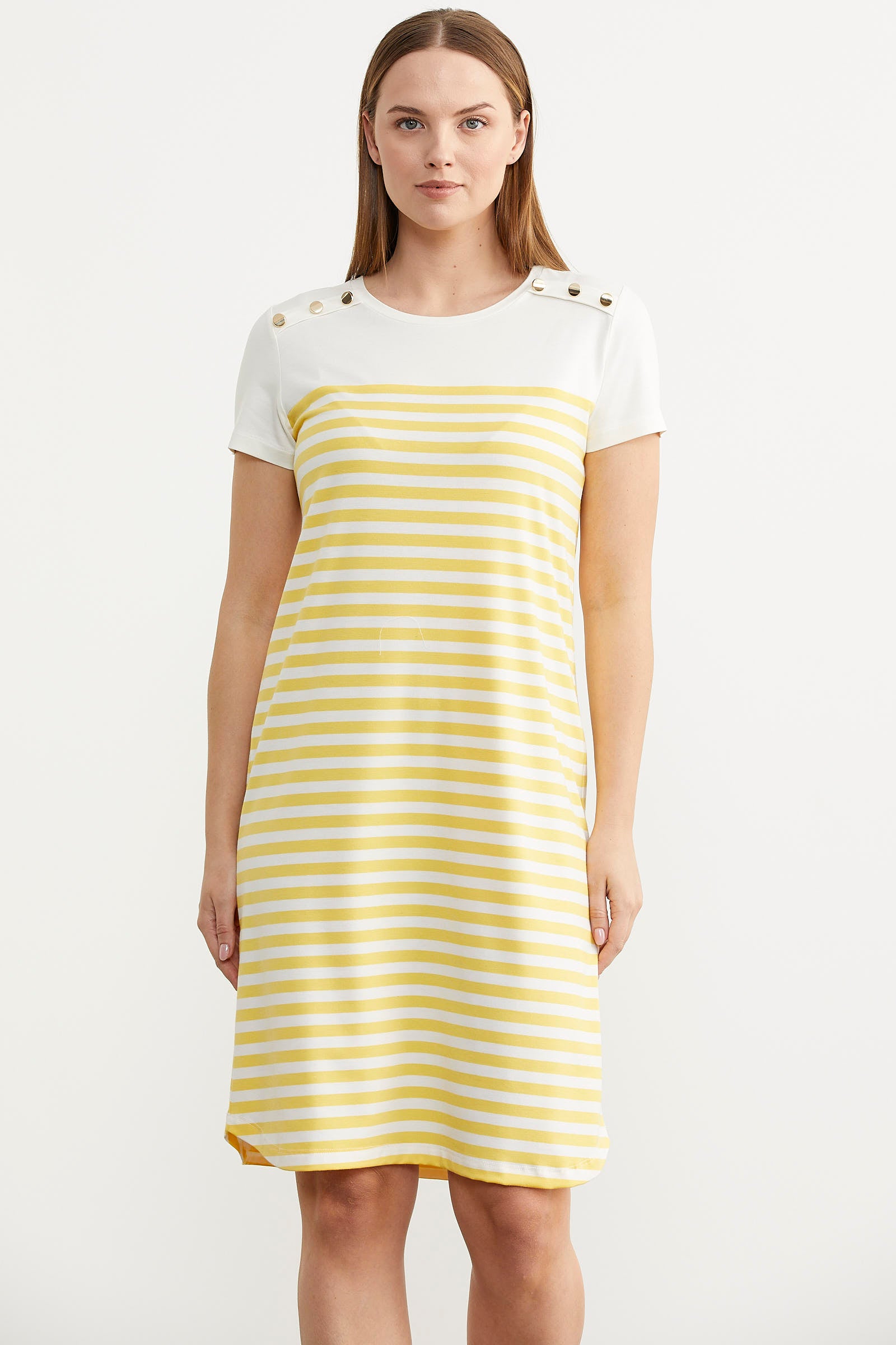 Düğme Detaylı Çizgili Penye Elbise - Sarı (5) Sementa