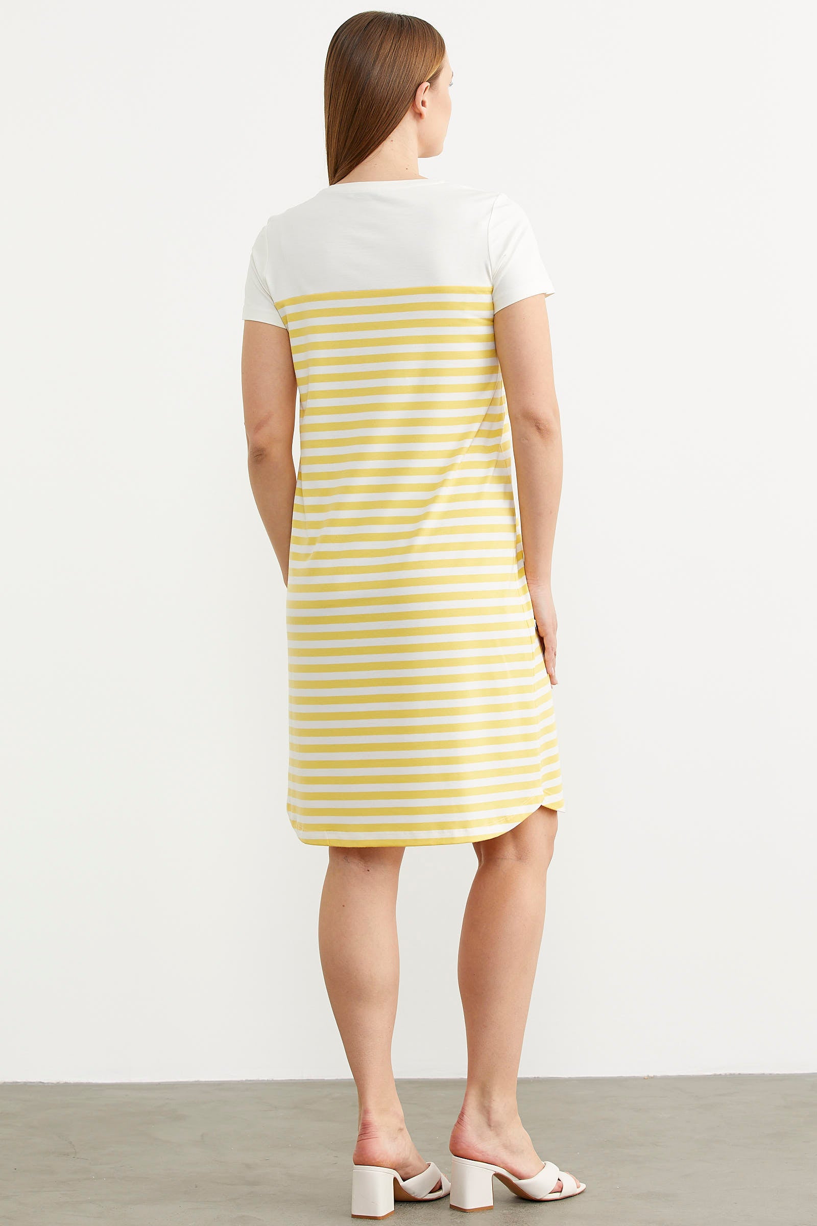 Düğme Detaylı Çizgili Penye Elbise - Sarı (7) Sementa