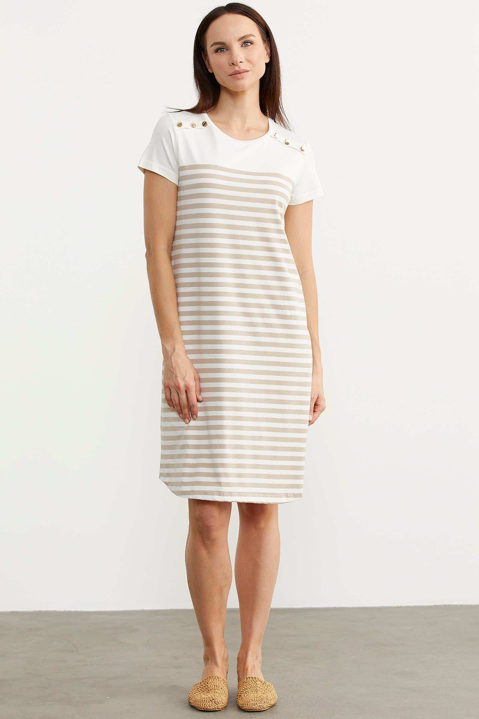 Düğme Detaylı Çizgili Penye Elbise - Vizon (1) Sementa