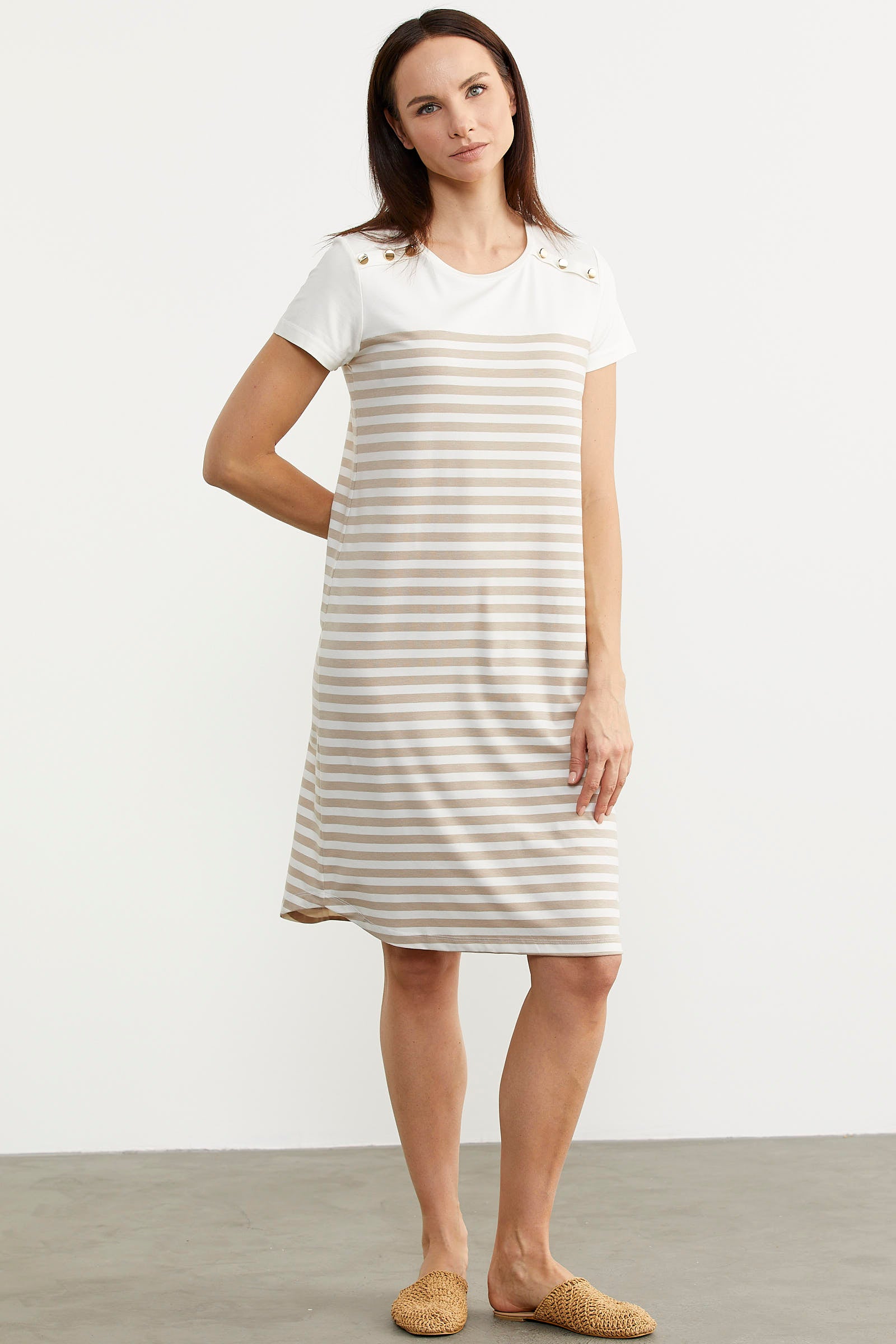 Düğme Detaylı Çizgili Penye Elbise - Vizon (2) Sementa