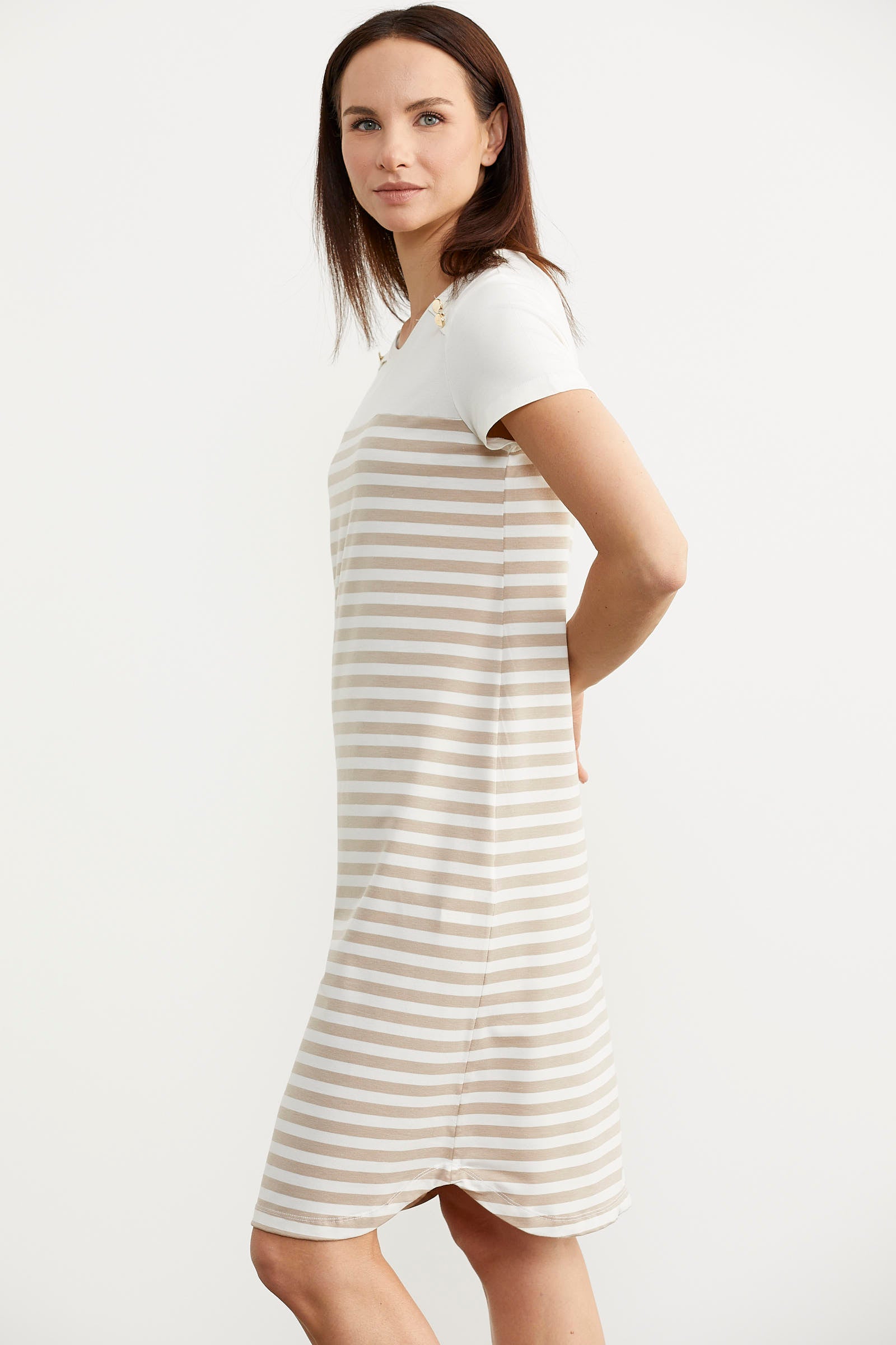 Düğme Detaylı Çizgili Penye Elbise - Vizon (4) Sementa
