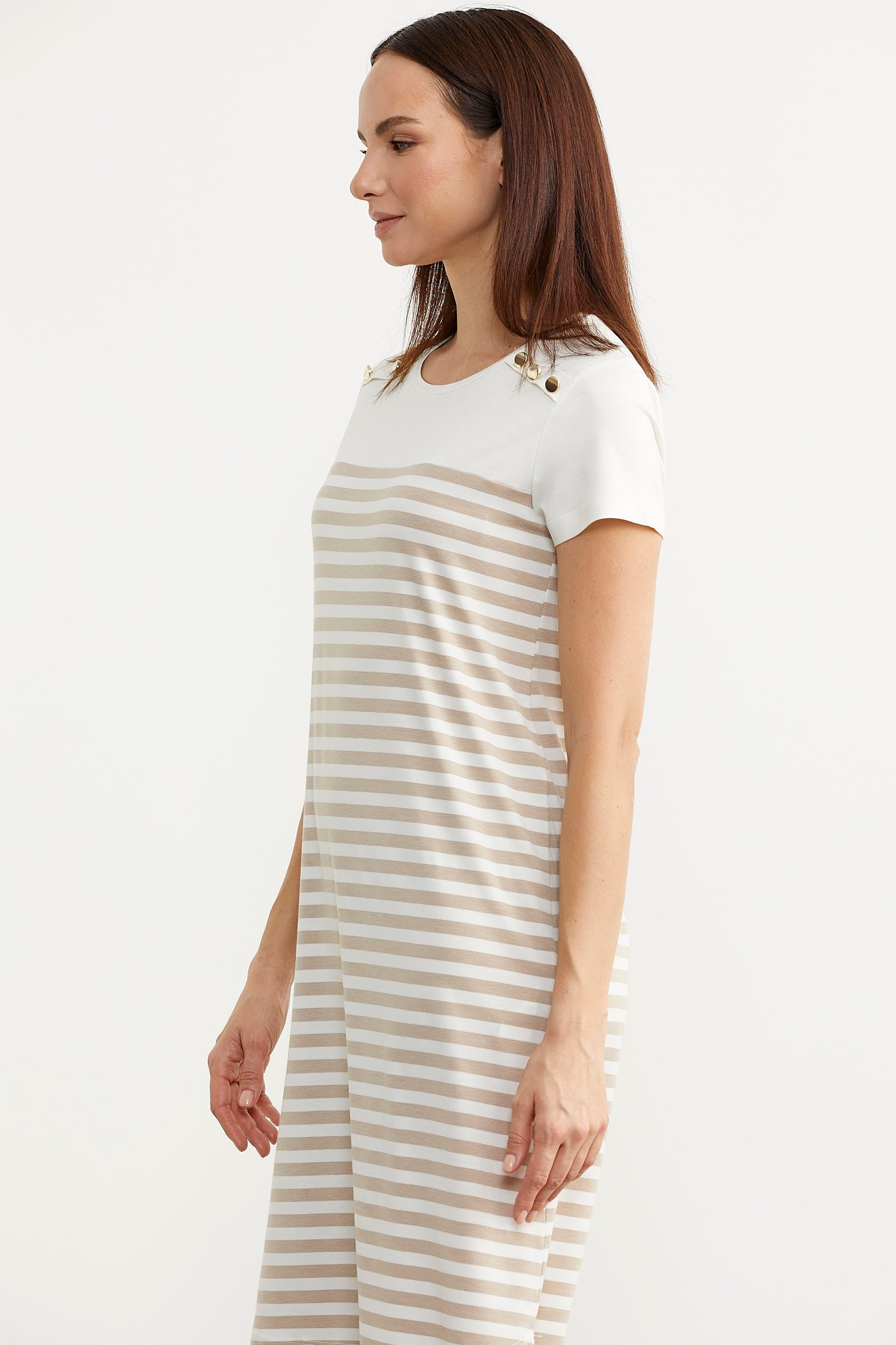 Düğme Detaylı Çizgili Penye Elbise - Vizon (5) Sementa