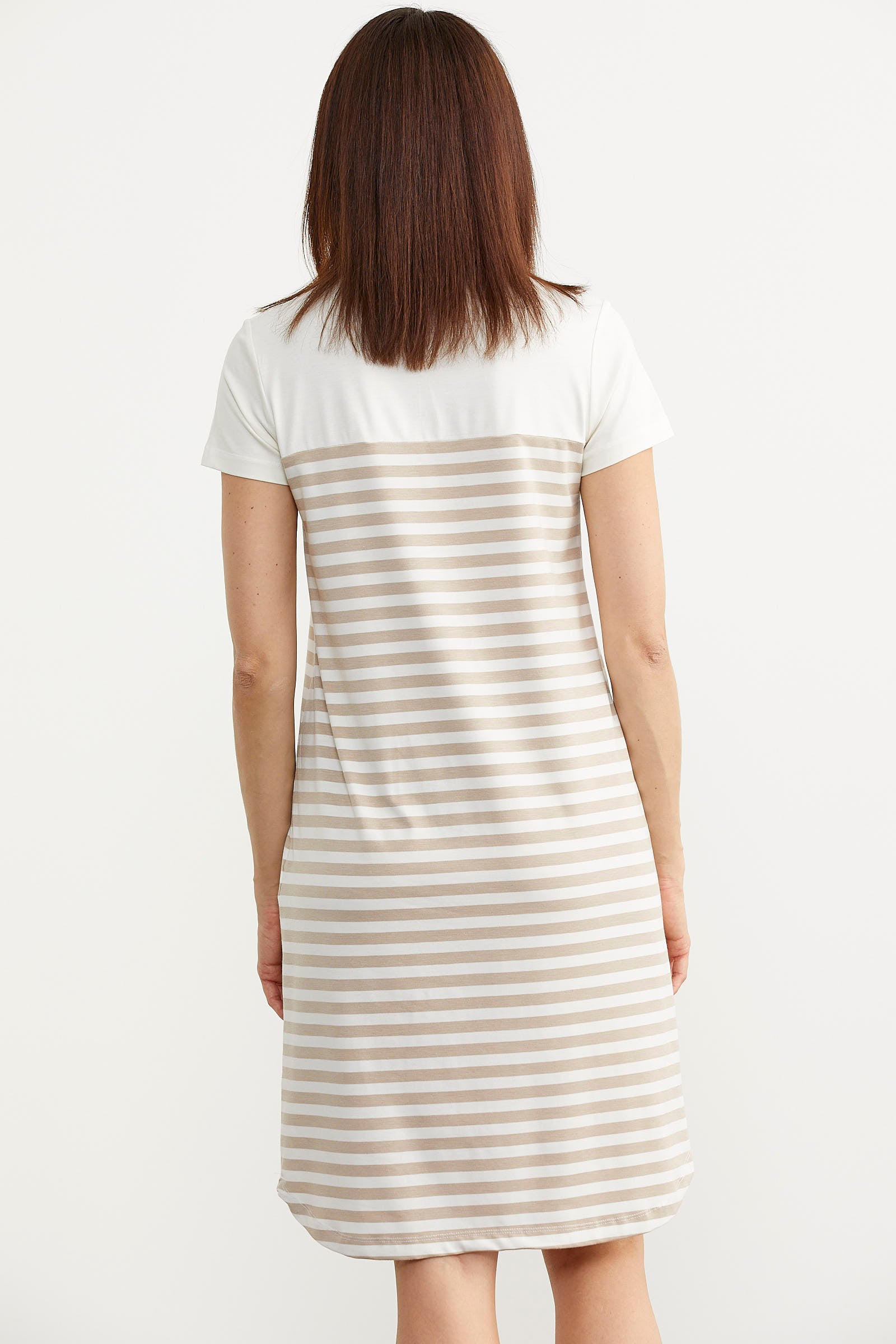 Düğme Detaylı Çizgili Penye Elbise - Vizon (6) Sementa