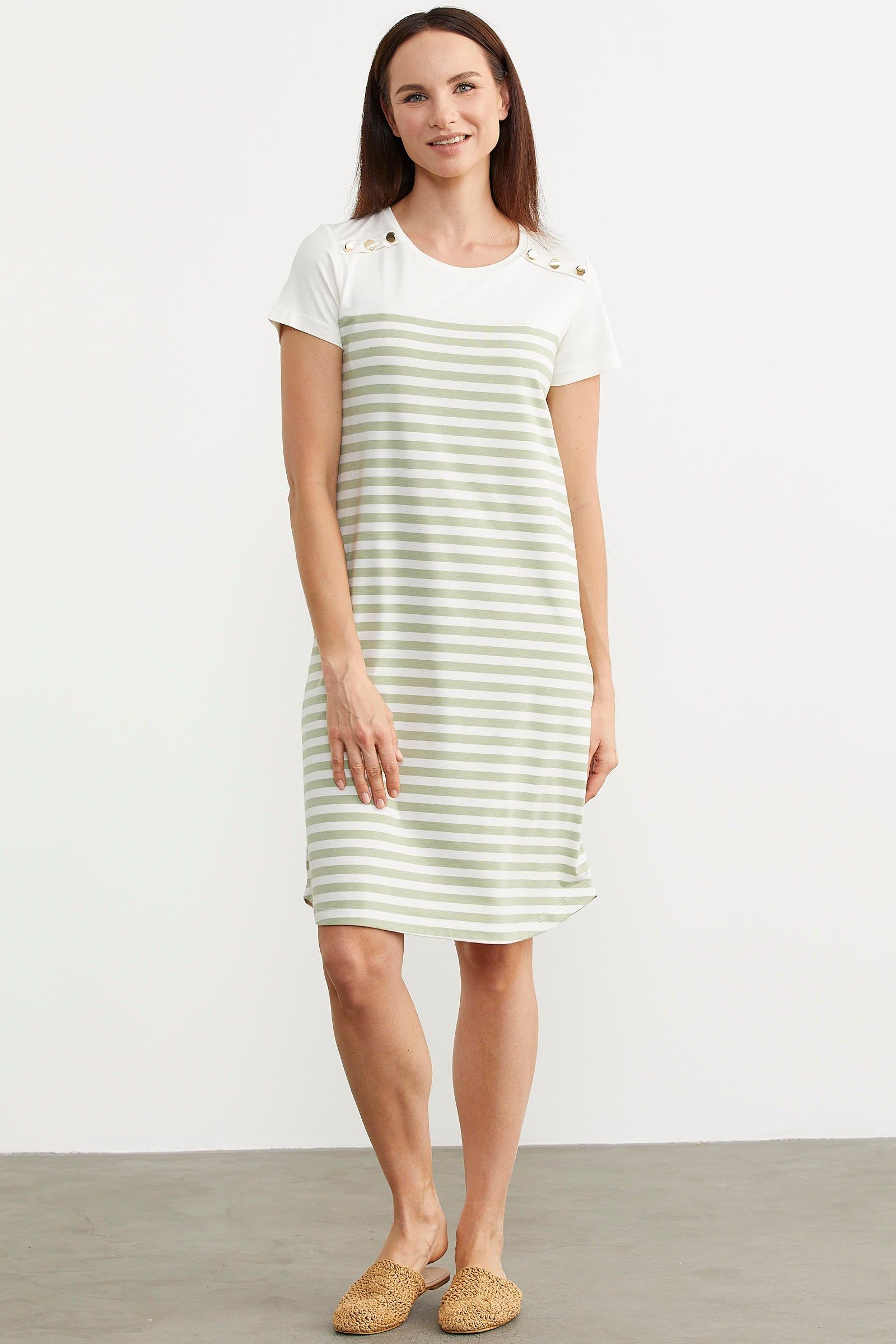 Düğme Detaylı Çizgili Penye Elbise - Yeşil (2) Sementa