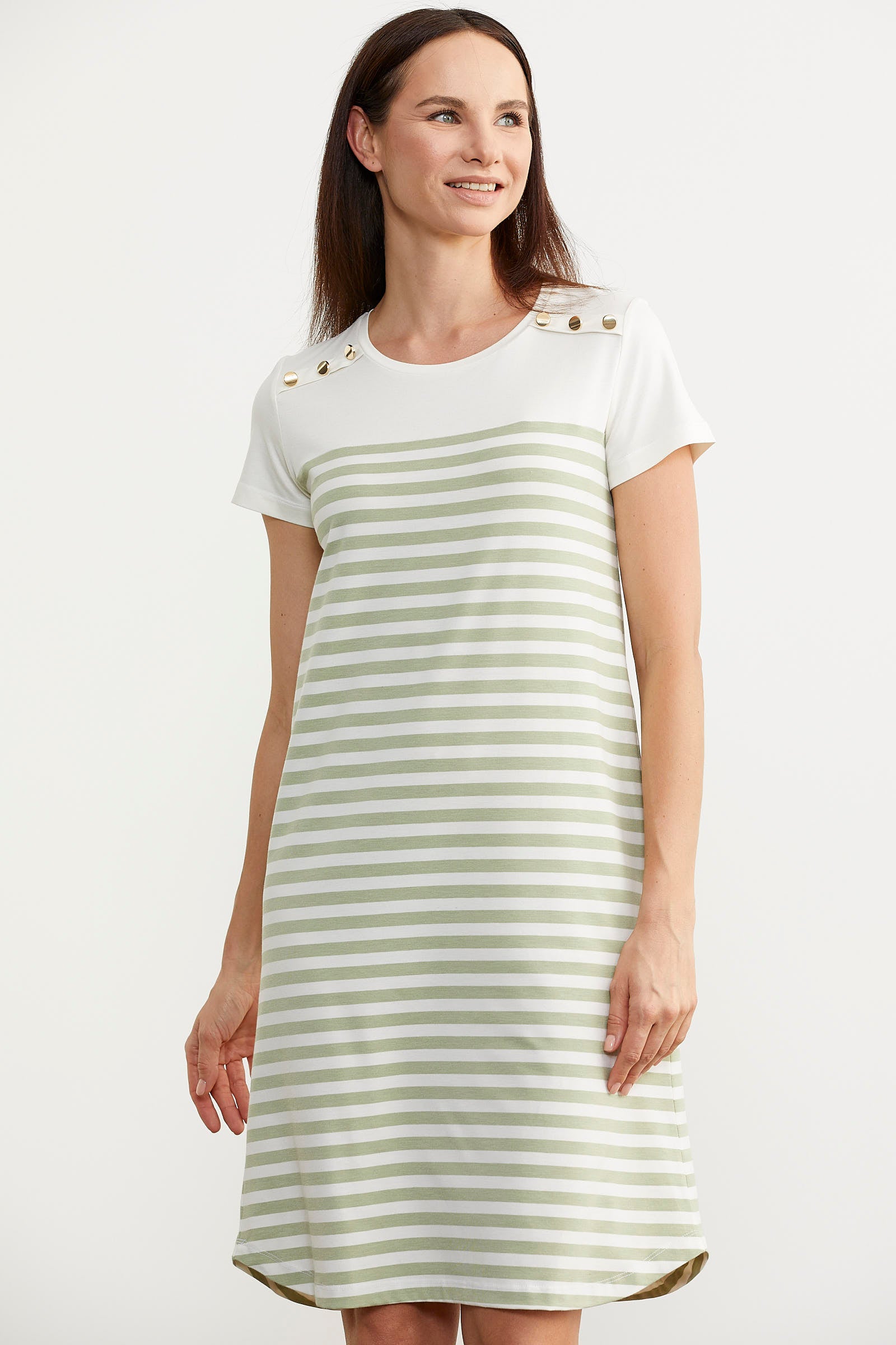 Düğme Detaylı Çizgili Penye Elbise - Yeşil (3) Sementa