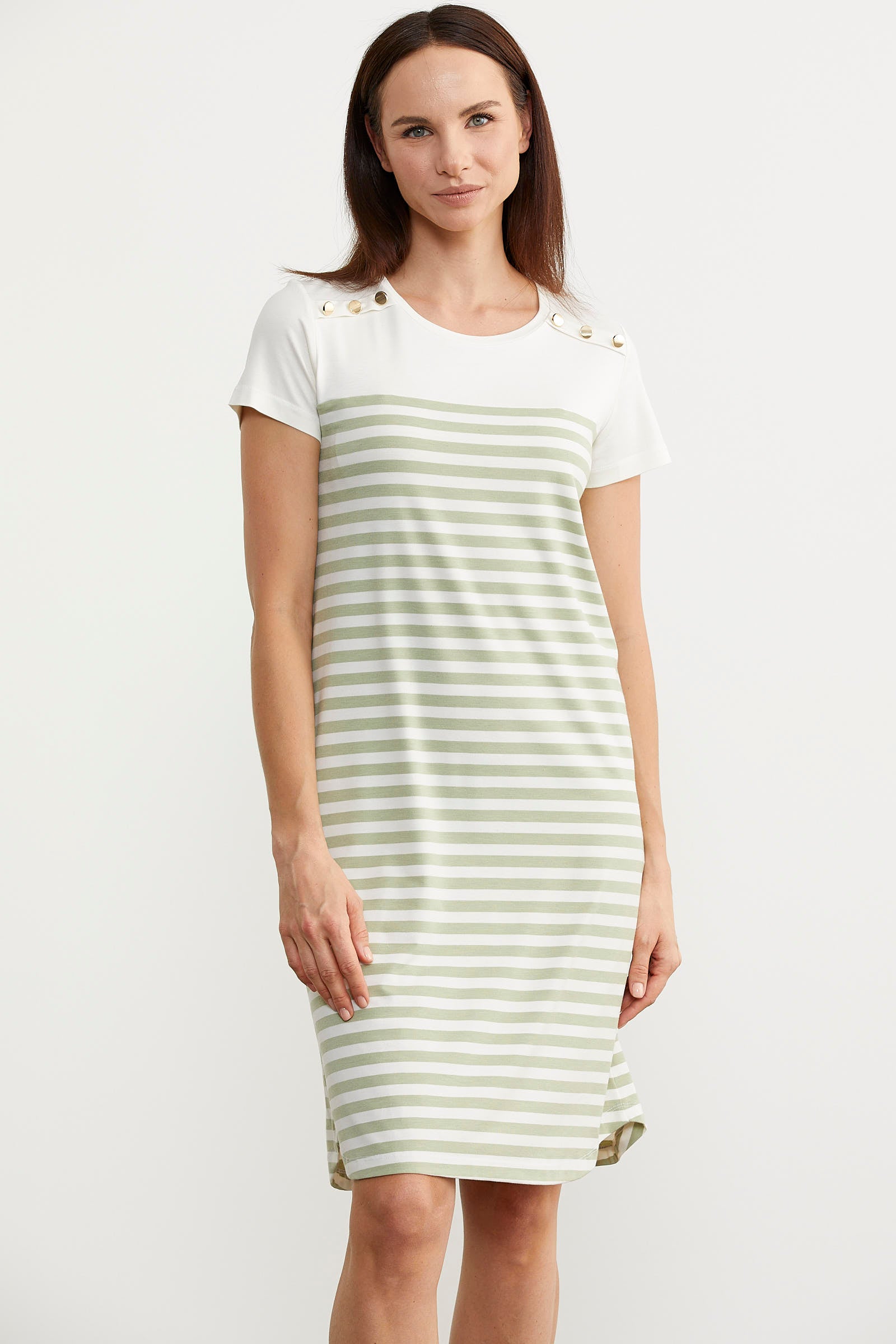Düğme Detaylı Çizgili Penye Elbise - Yeşil (4) Sementa