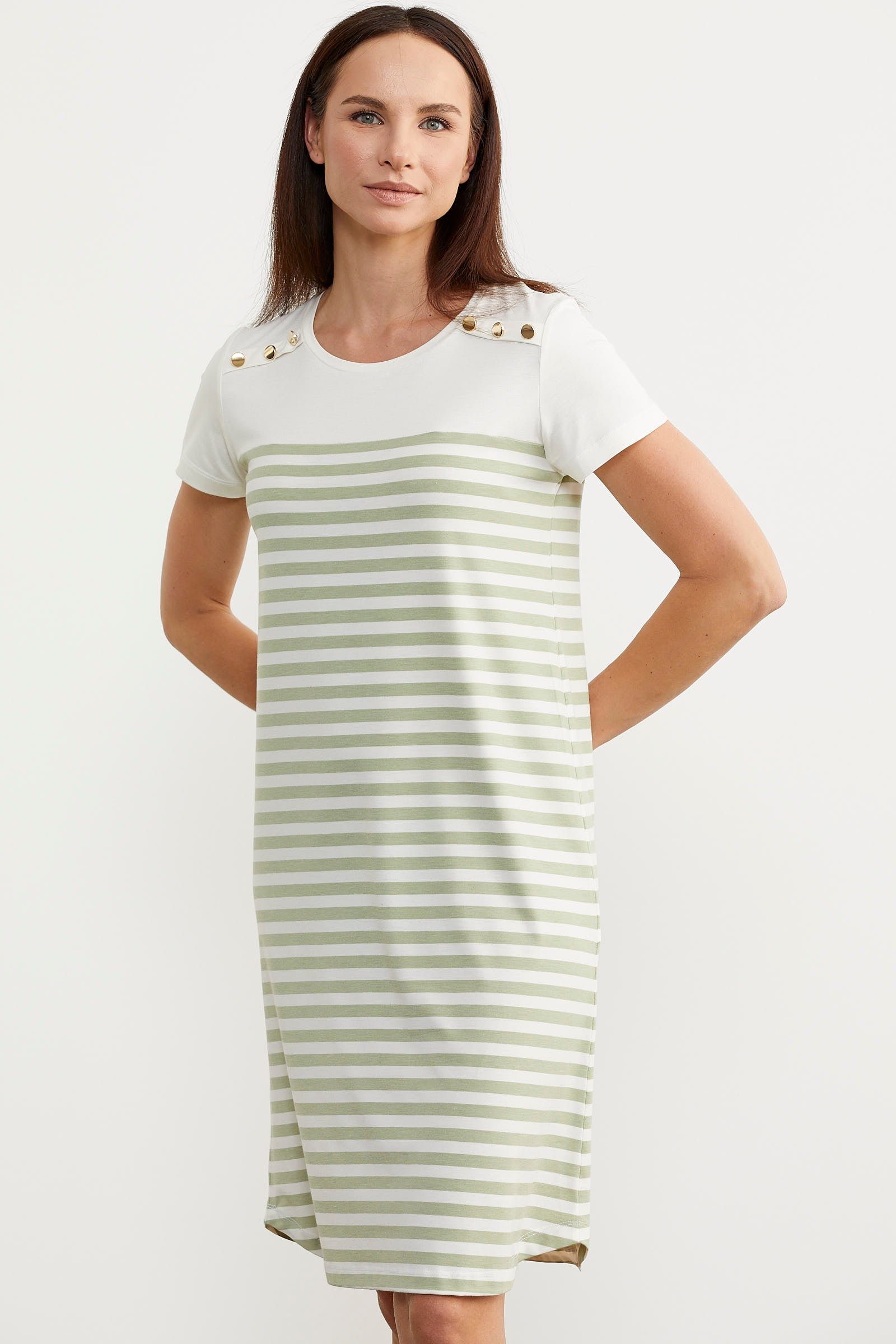 Düğme Detaylı Çizgili Penye Elbise - Yeşil (5) Sementa