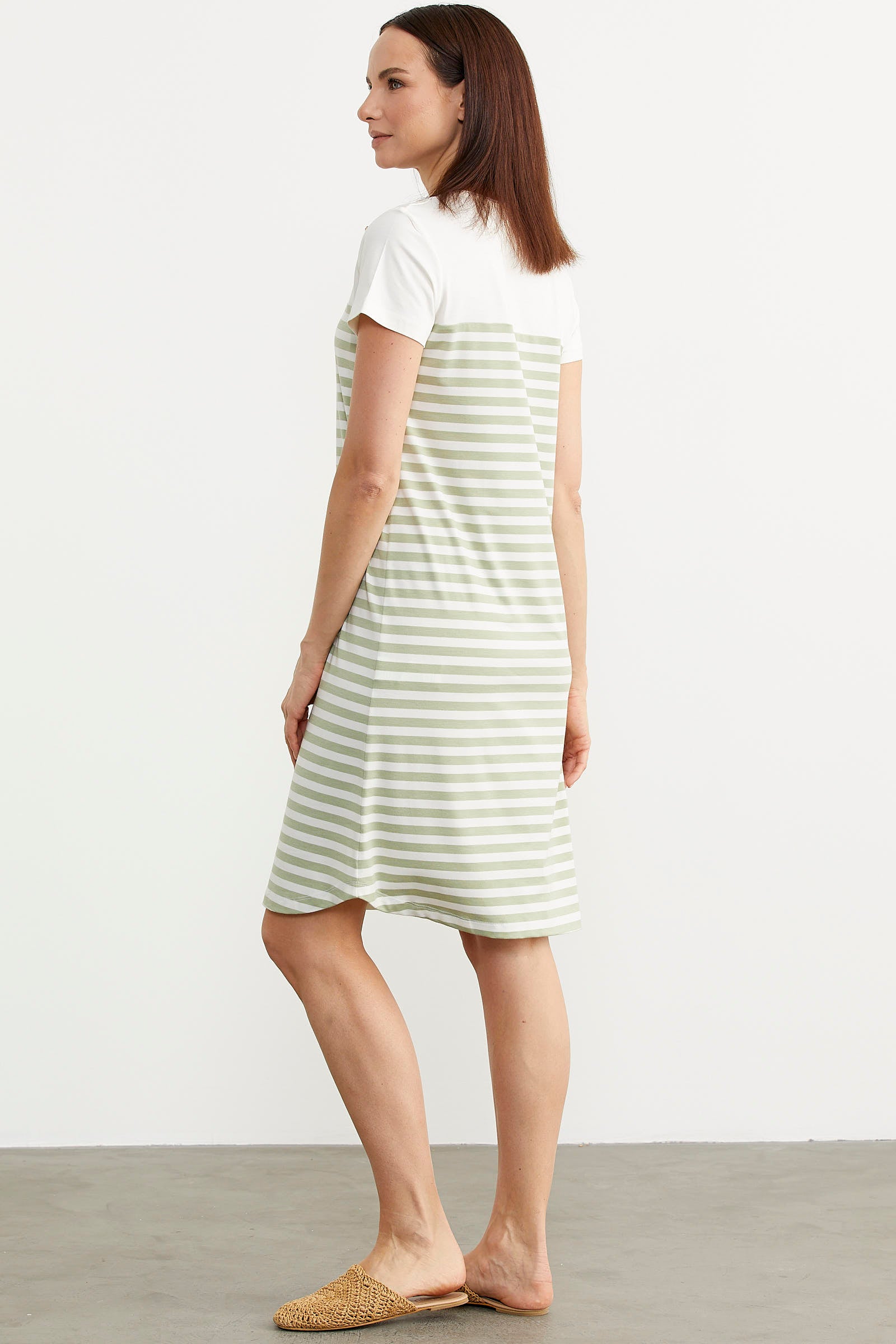 Düğme Detaylı Çizgili Penye Elbise - Yeşil (6) Sementa