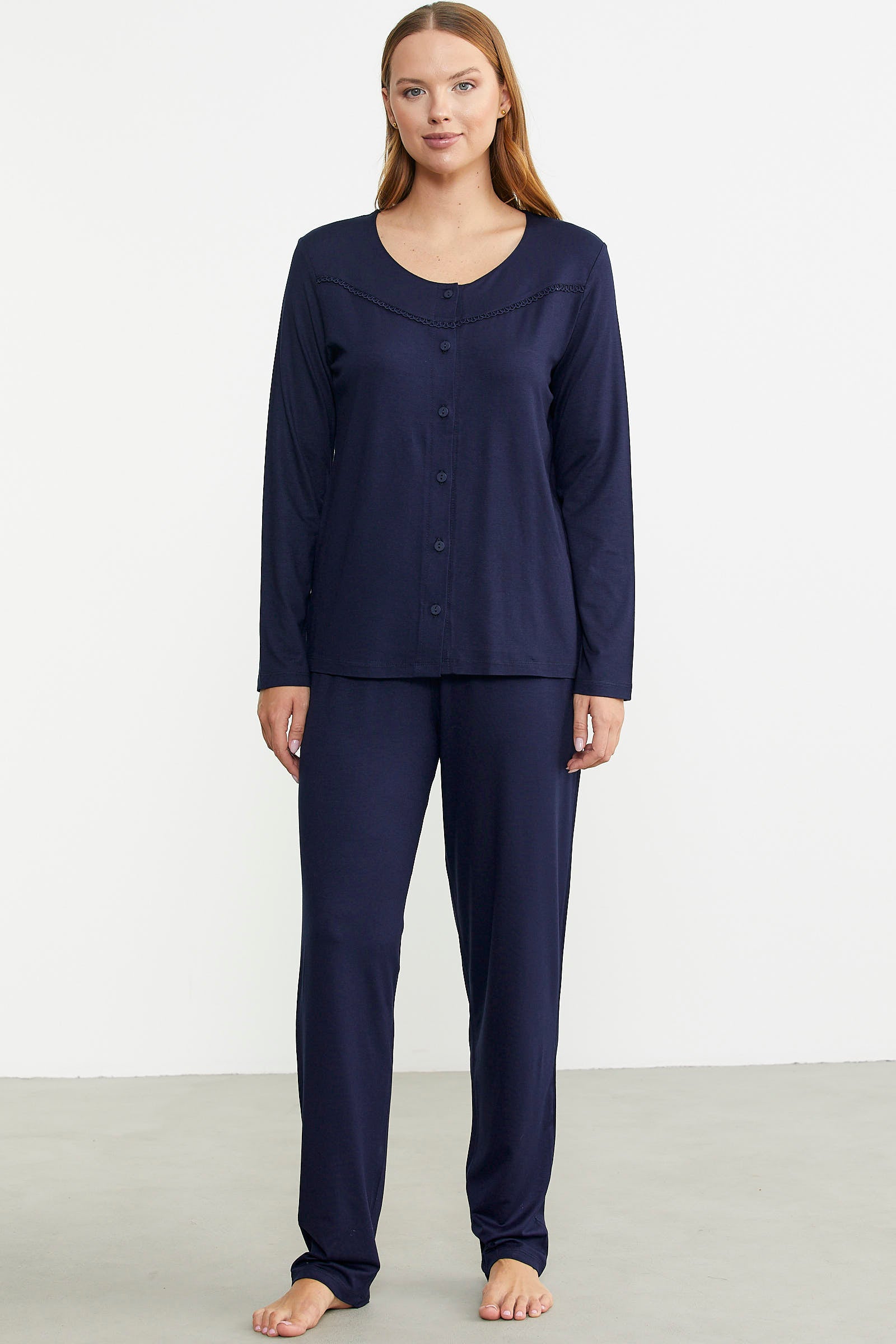 Düğme Kapamalı Rahat Kalıp Pijama Takım - Lacivert - Sementa