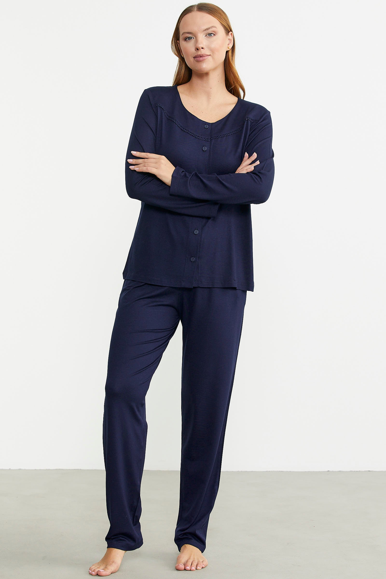 Düğme Kapamalı Rahat Kalıp Pijama Takım - Lacivert - Sementa