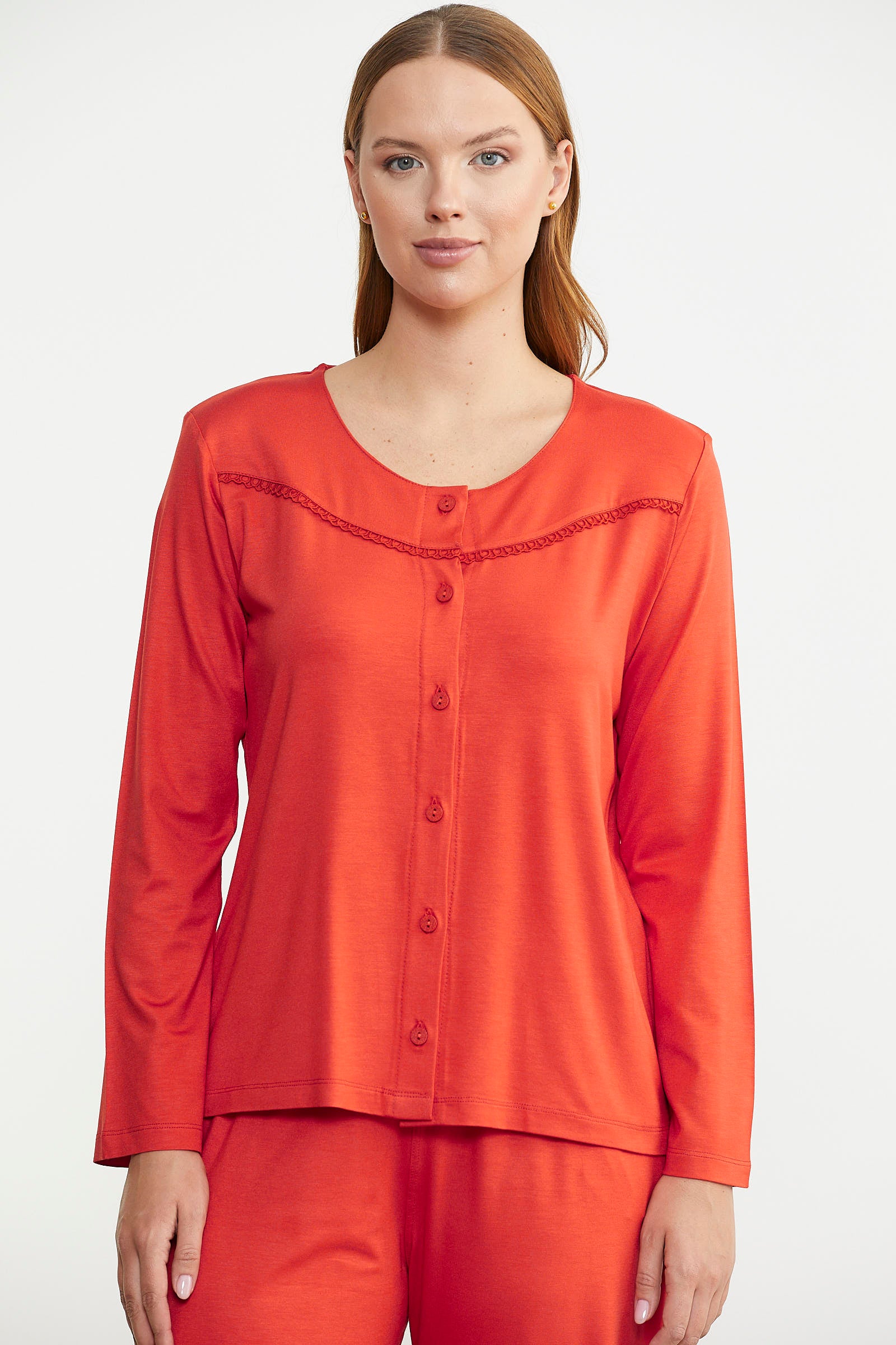 Düğme Kapamalı Rahat Kalıp Pijama Takım - Mercan - Sementa