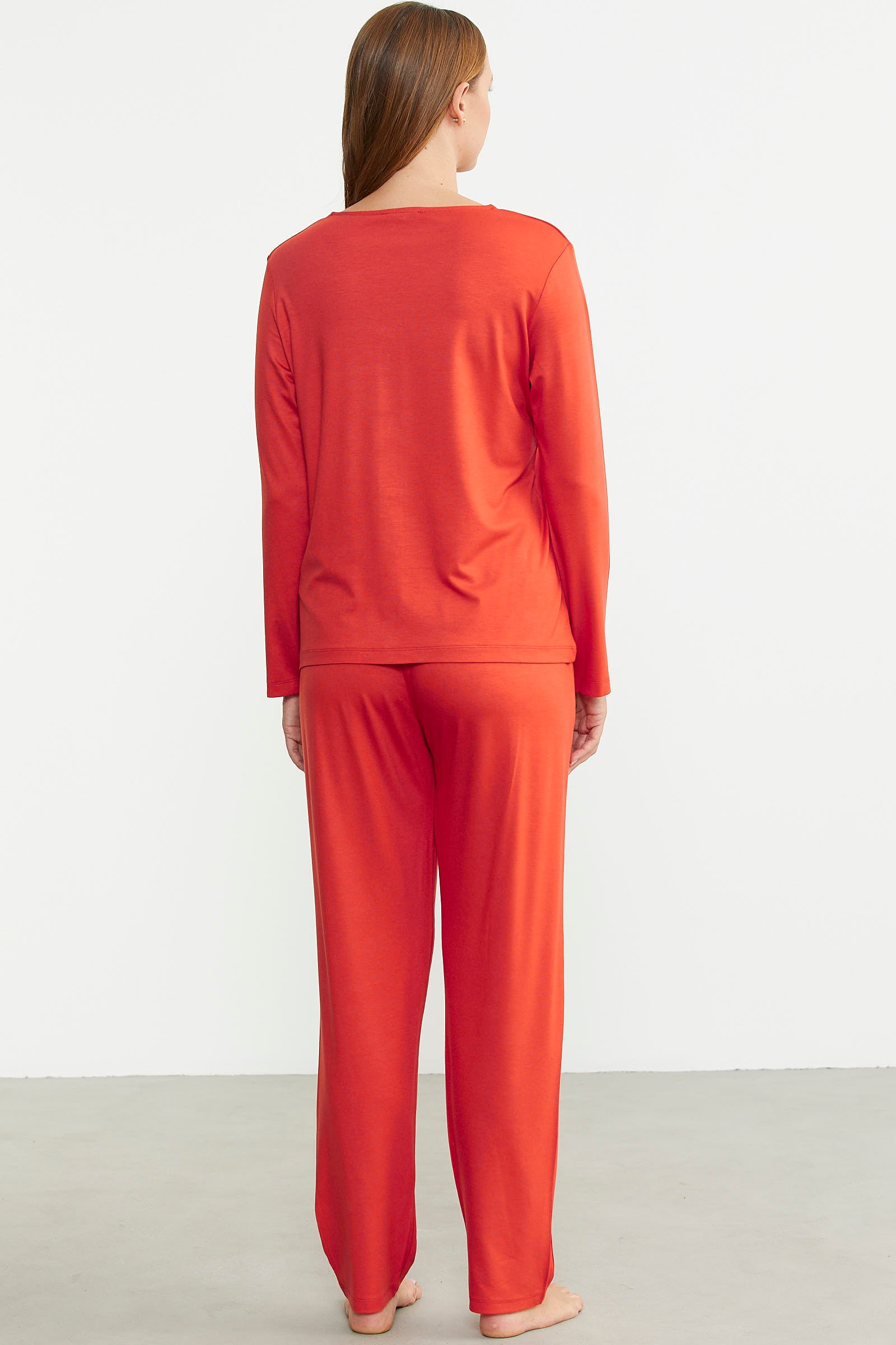 Düğme Kapamalı Rahat Kalıp Pijama Takım - Mercan - Sementa