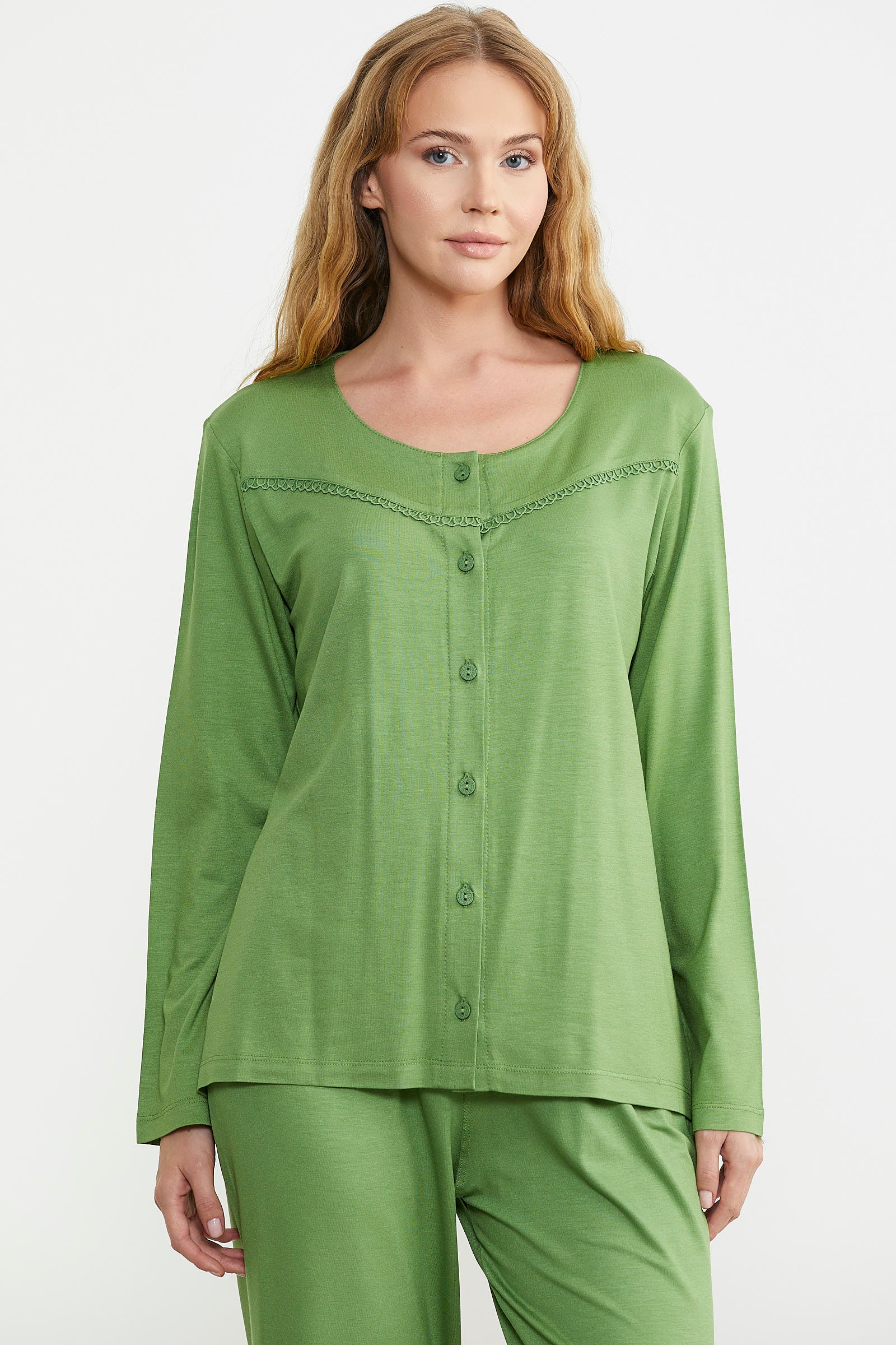 Düğme Kapamalı Rahat Kalıp Pijama Takım - Yeşil - Sementa