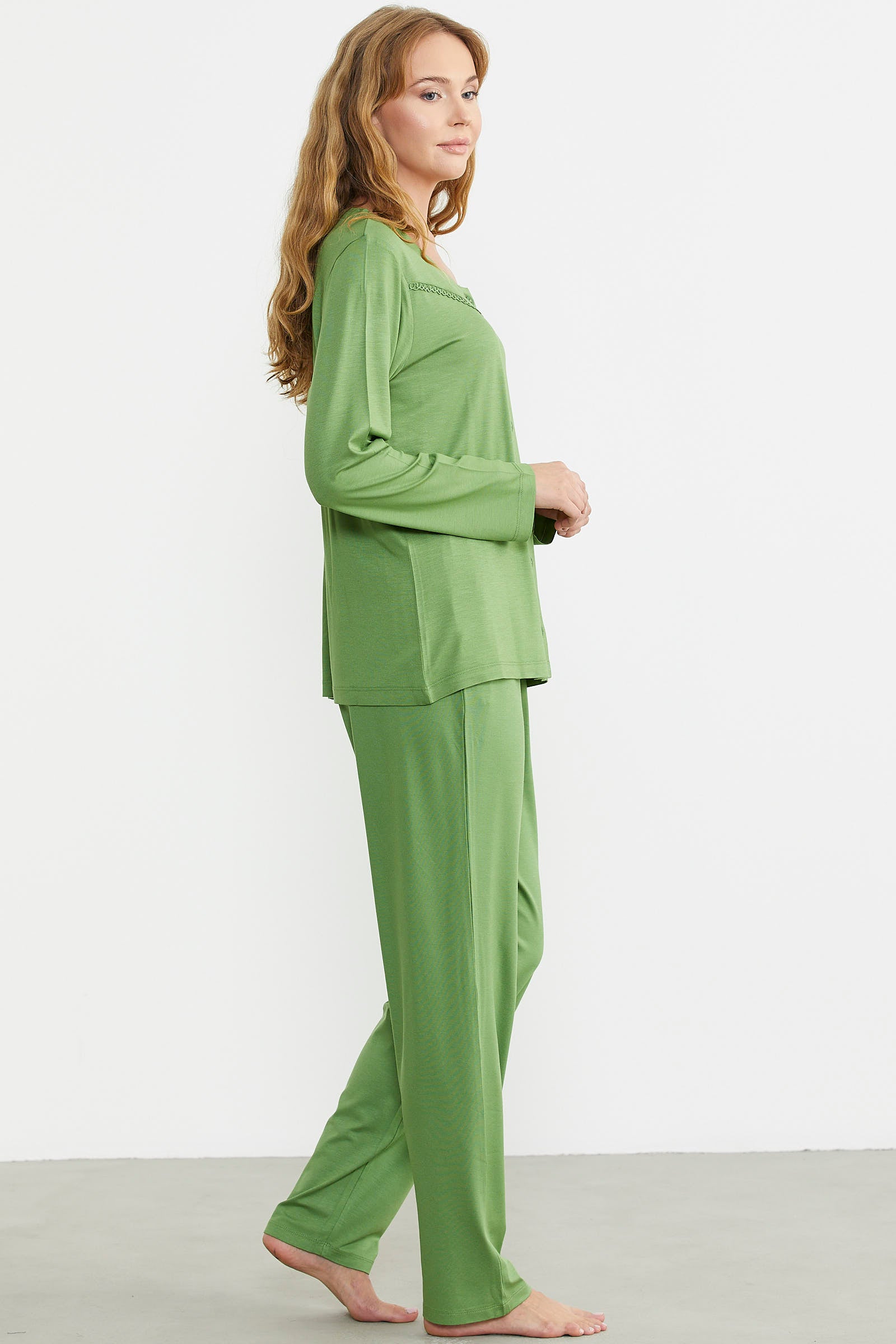 Düğme Kapamalı Rahat Kalıp Pijama Takım - Yeşil - Sementa