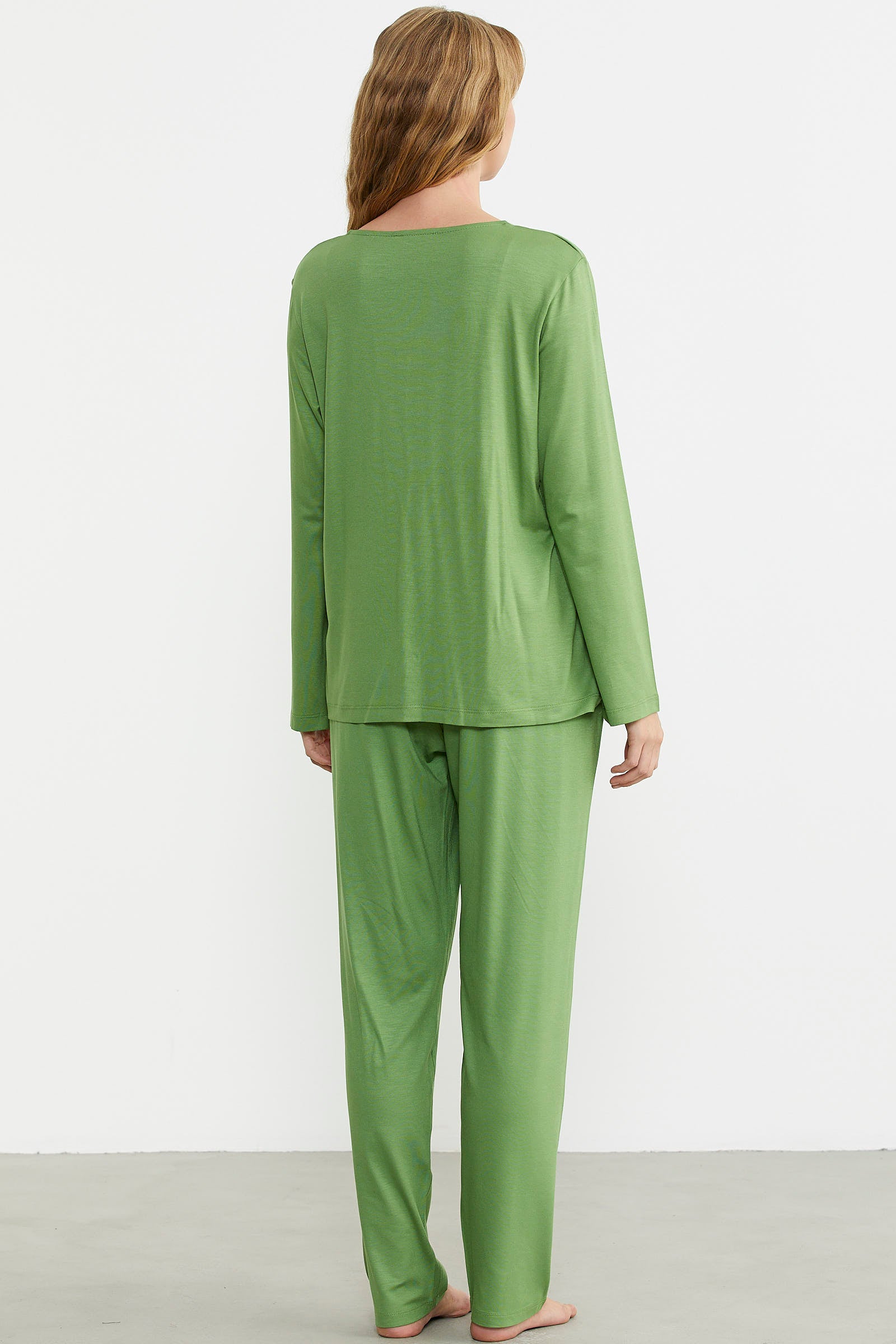 Düğme Kapamalı Rahat Kalıp Pijama Takım - Yeşil - Sementa