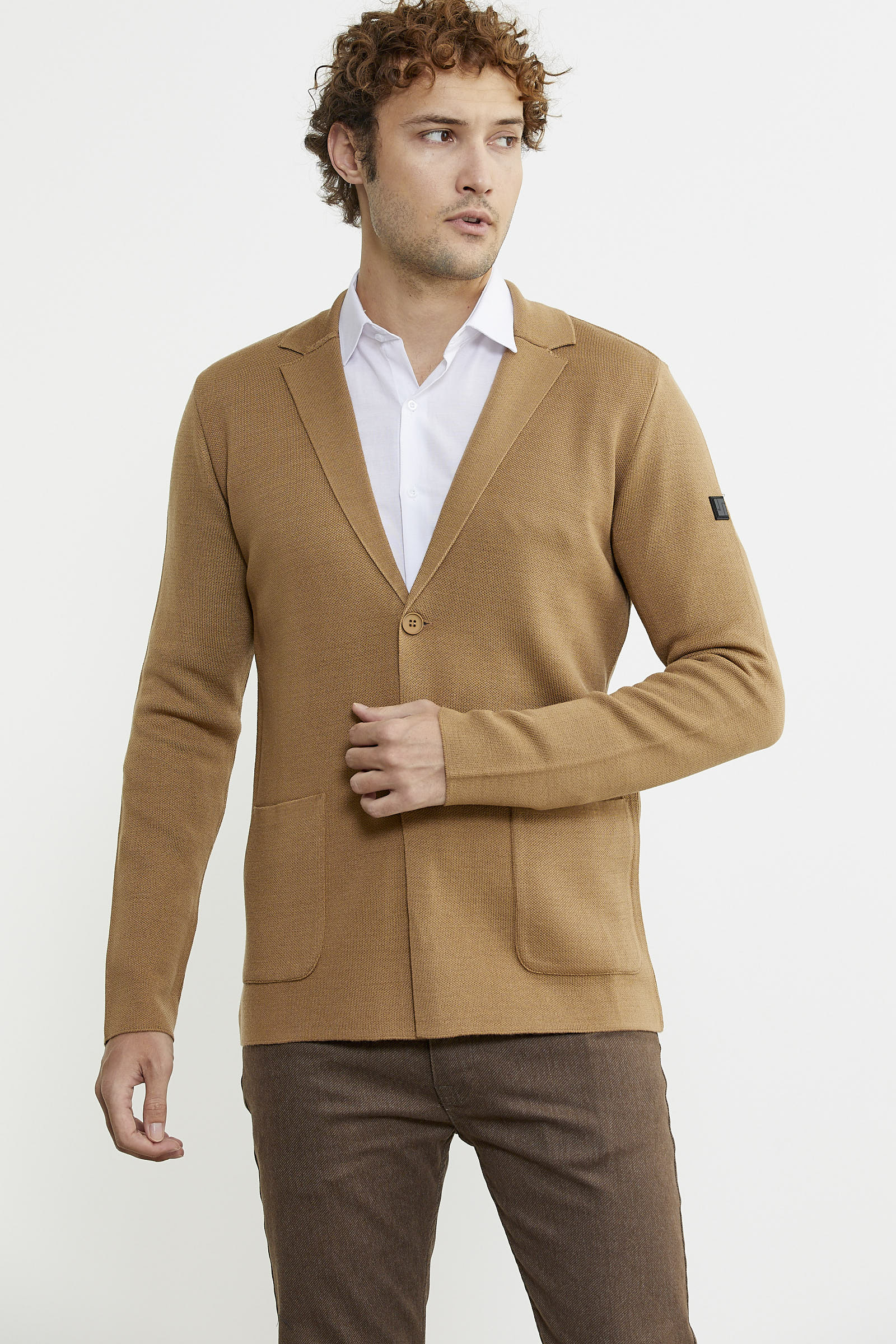 Düğmeli Cep Detaylı Triko Ceket - Kamel - Sementa