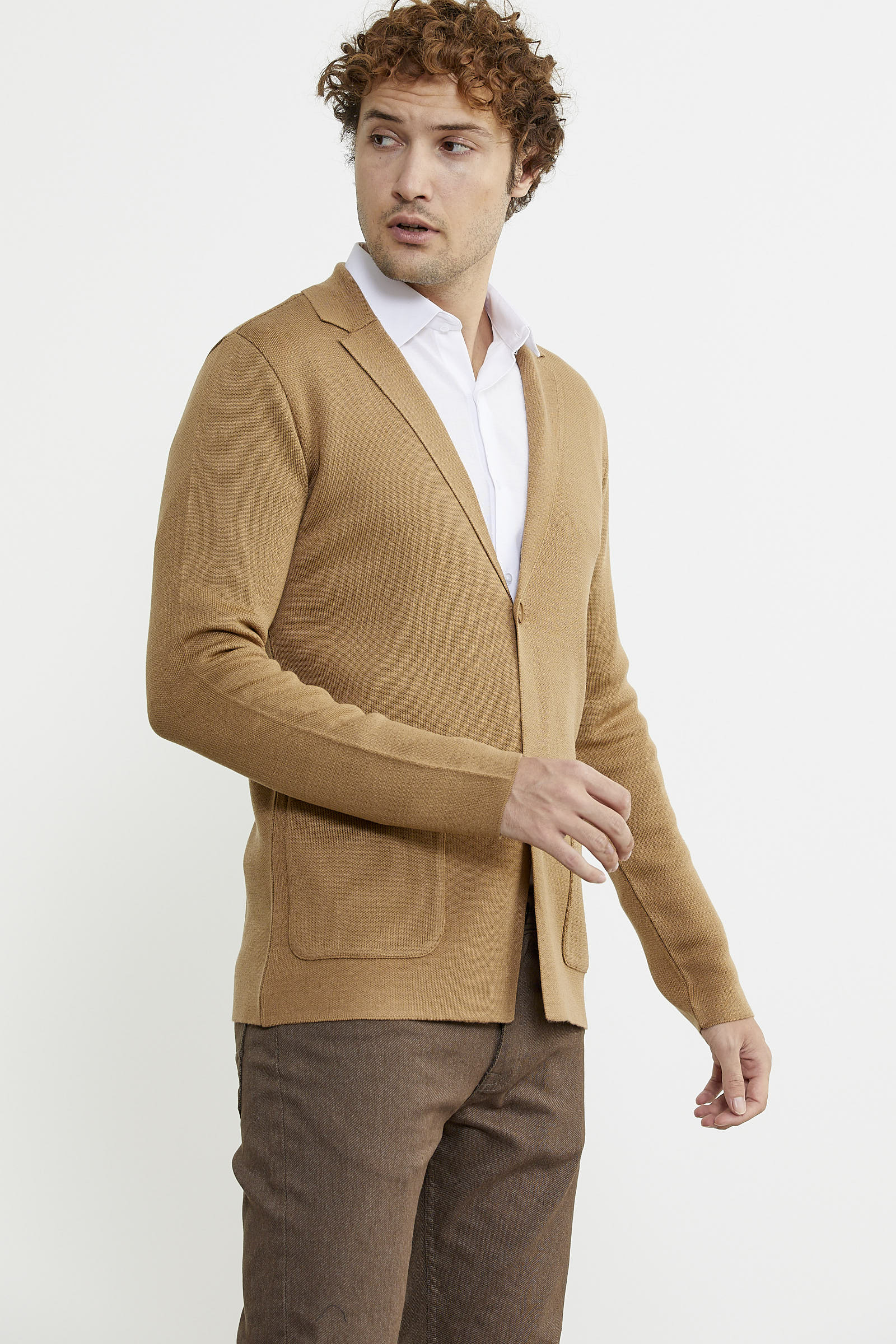 Düğmeli Cep Detaylı Triko Ceket - Kamel - Sementa