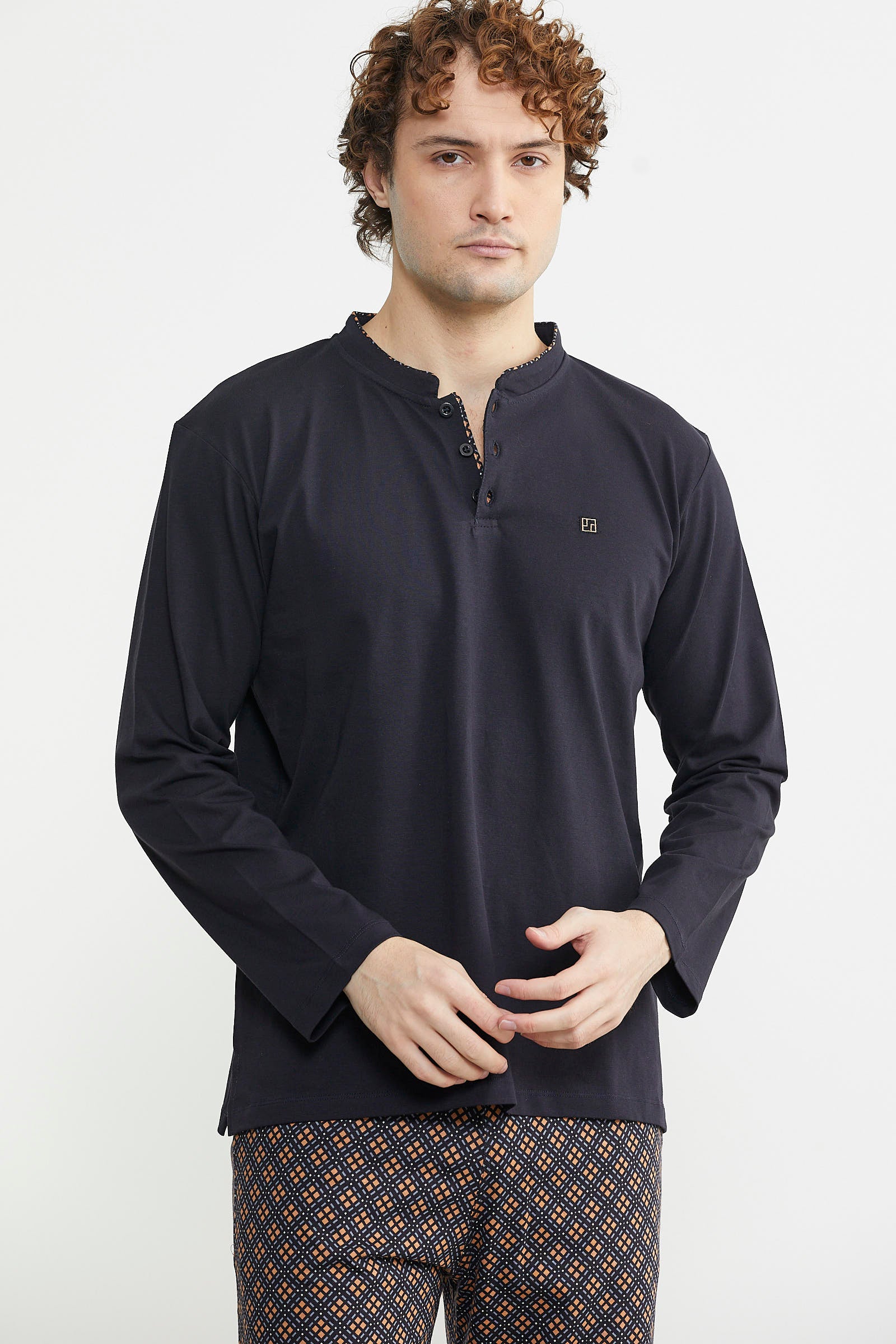 Düğmeli Desen Kombinli Pijama Takım - Kahve - Sementa