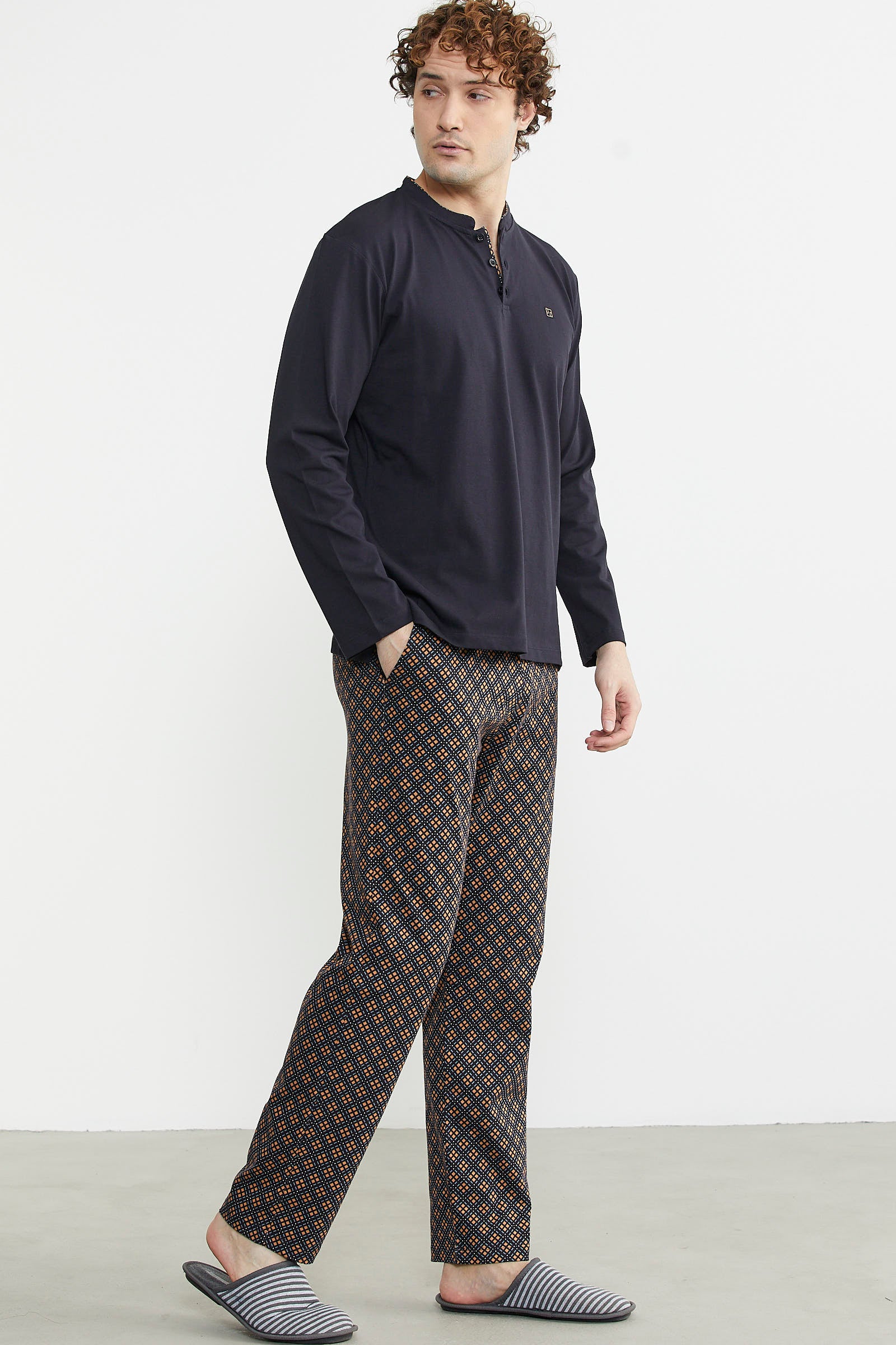 Düğmeli Desen Kombinli Pijama Takım - Kahve - Sementa