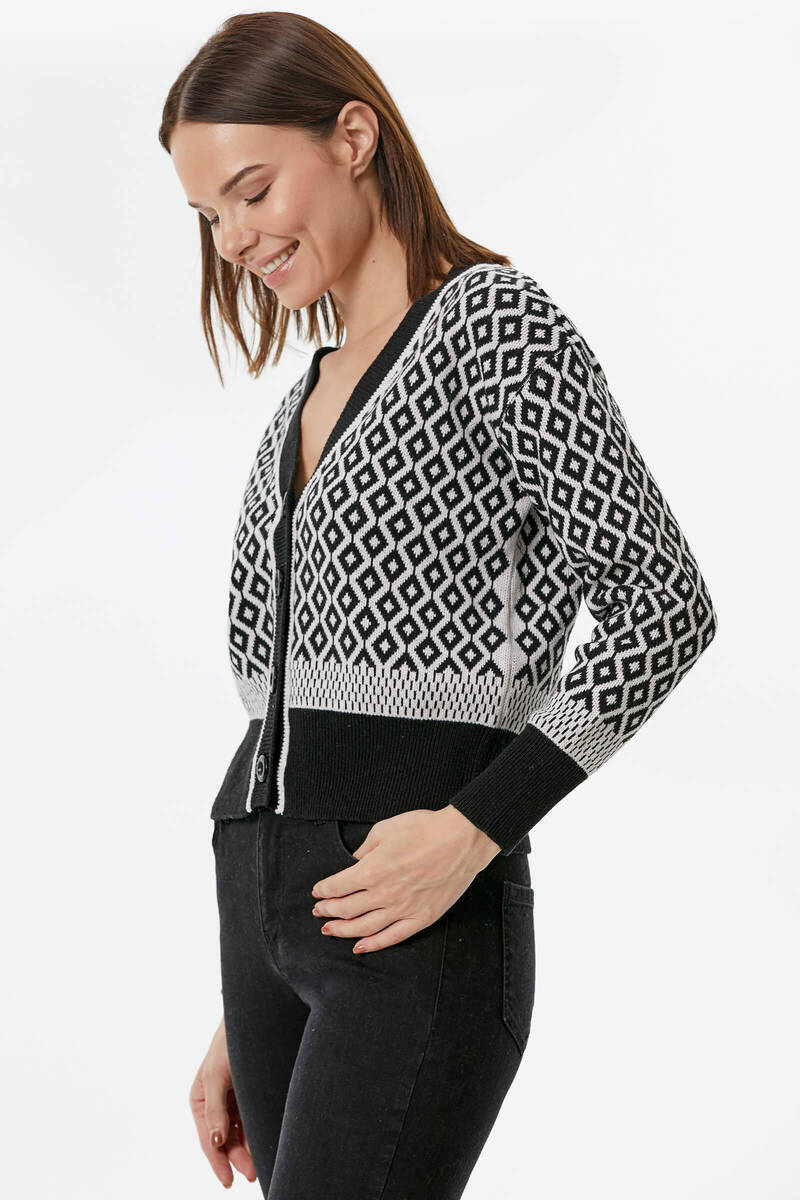 Düğmeli Geometrik Desenli Triko Hırka - Siyah (3) Sementa