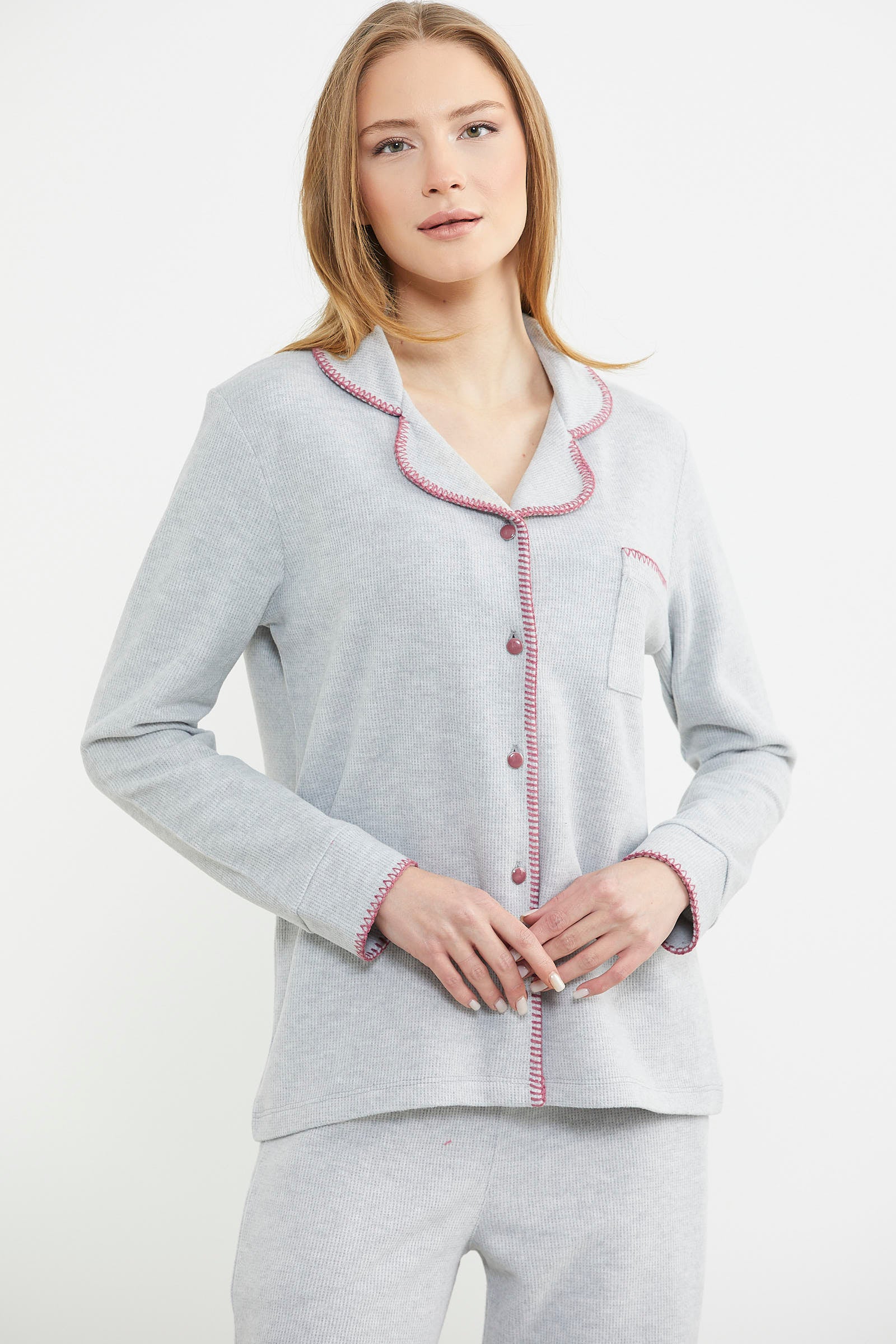 Düğmeli Gömlek Model Pijama Takım - Gri - Sementa