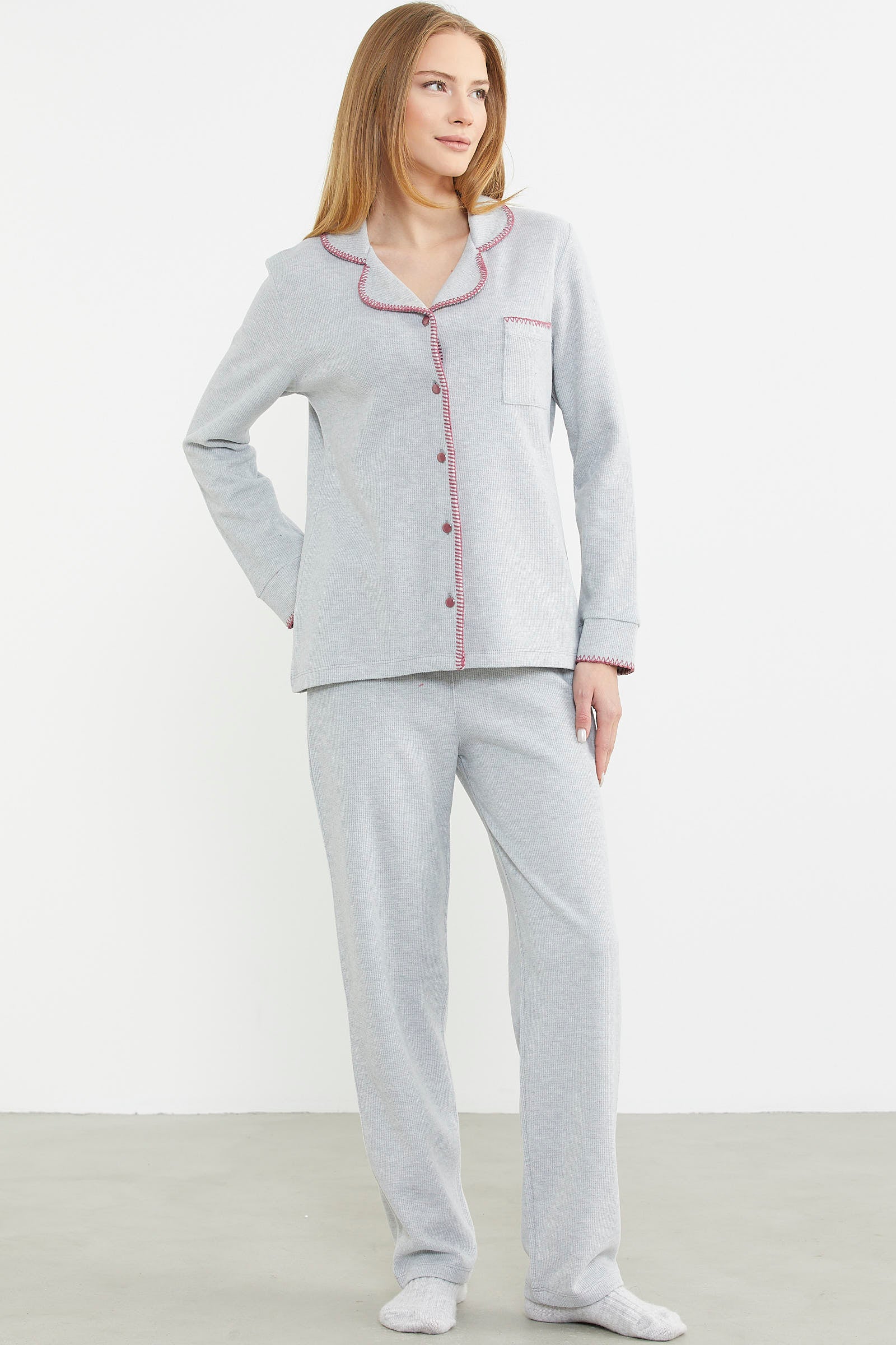 Düğmeli Gömlek Model Pijama Takım - Gri - Sementa