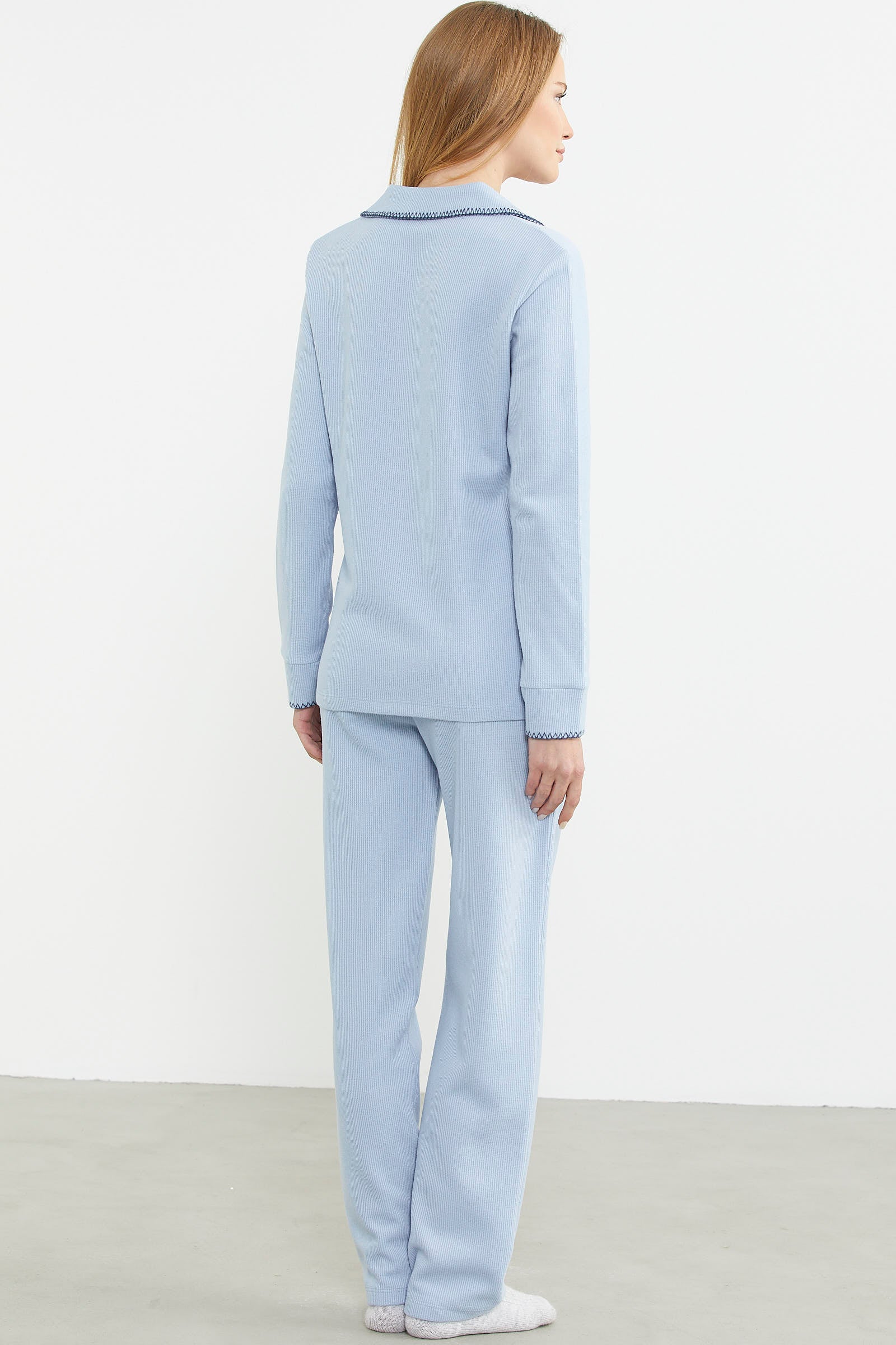 Düğmeli Gömlek Model Pijama Takım - Mavi - Sementa