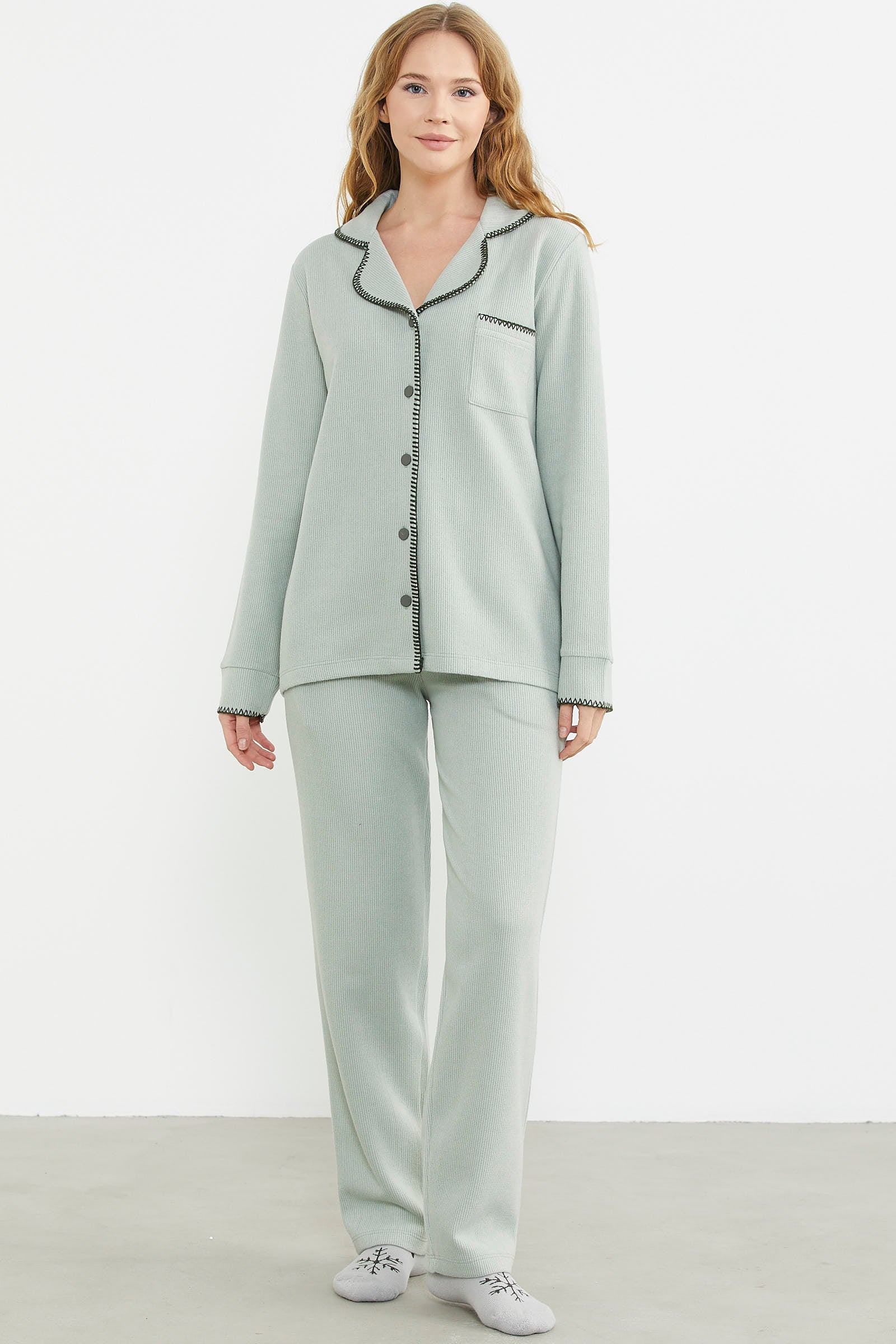 Düğmeli Gömlek Model Pijama Takım - Yeşil - Sementa