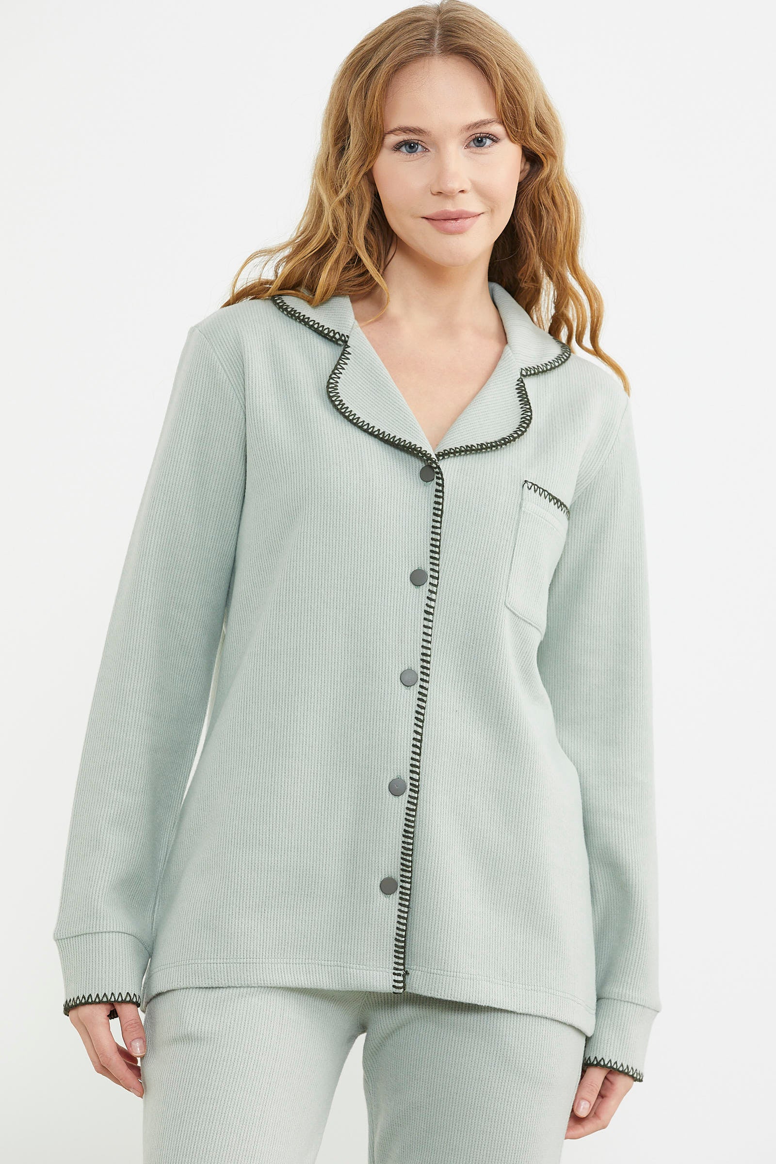 Düğmeli Gömlek Model Pijama Takım - Yeşil - Sementa