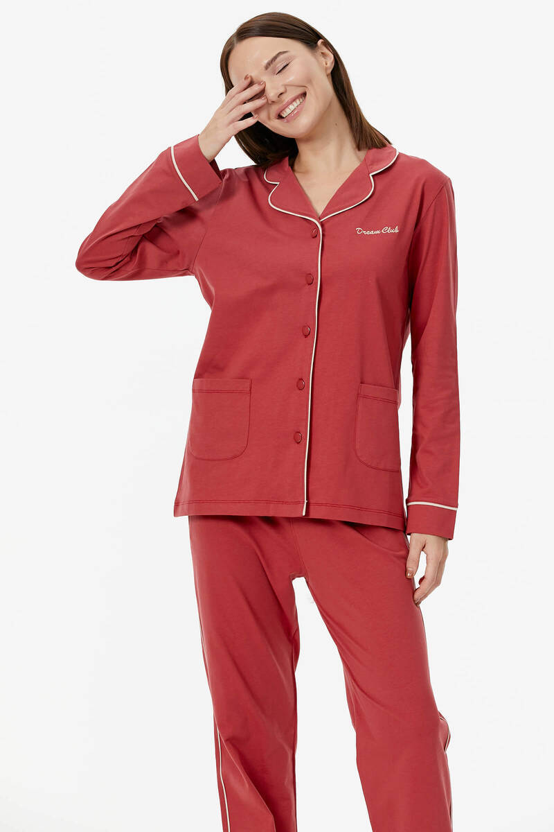 Düğmeli Gömlek Yaka Pijama - Kiremit (2) Sementa