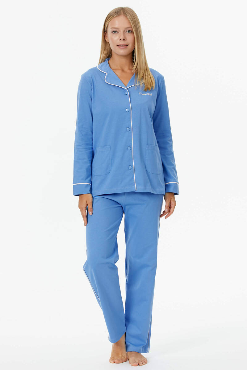Düğmeli Gömlek Yaka Pijama - Mavi (3) Sementa