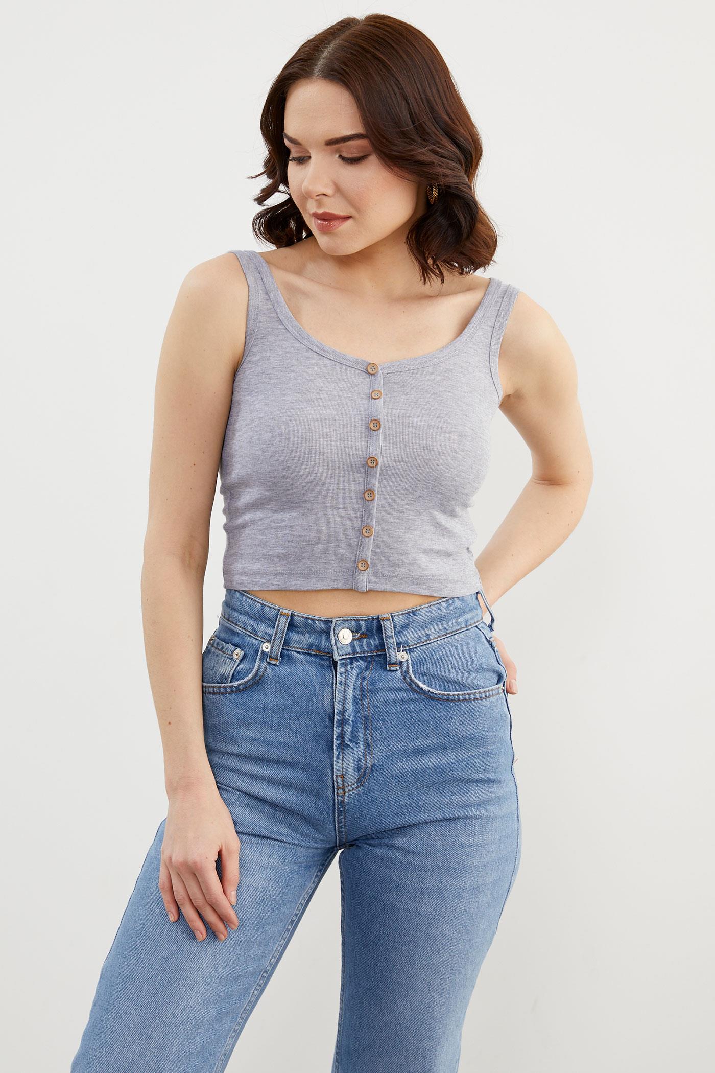 Düğmeli Kısa Kalın Askılı Atlet - Gri (2) Sementa