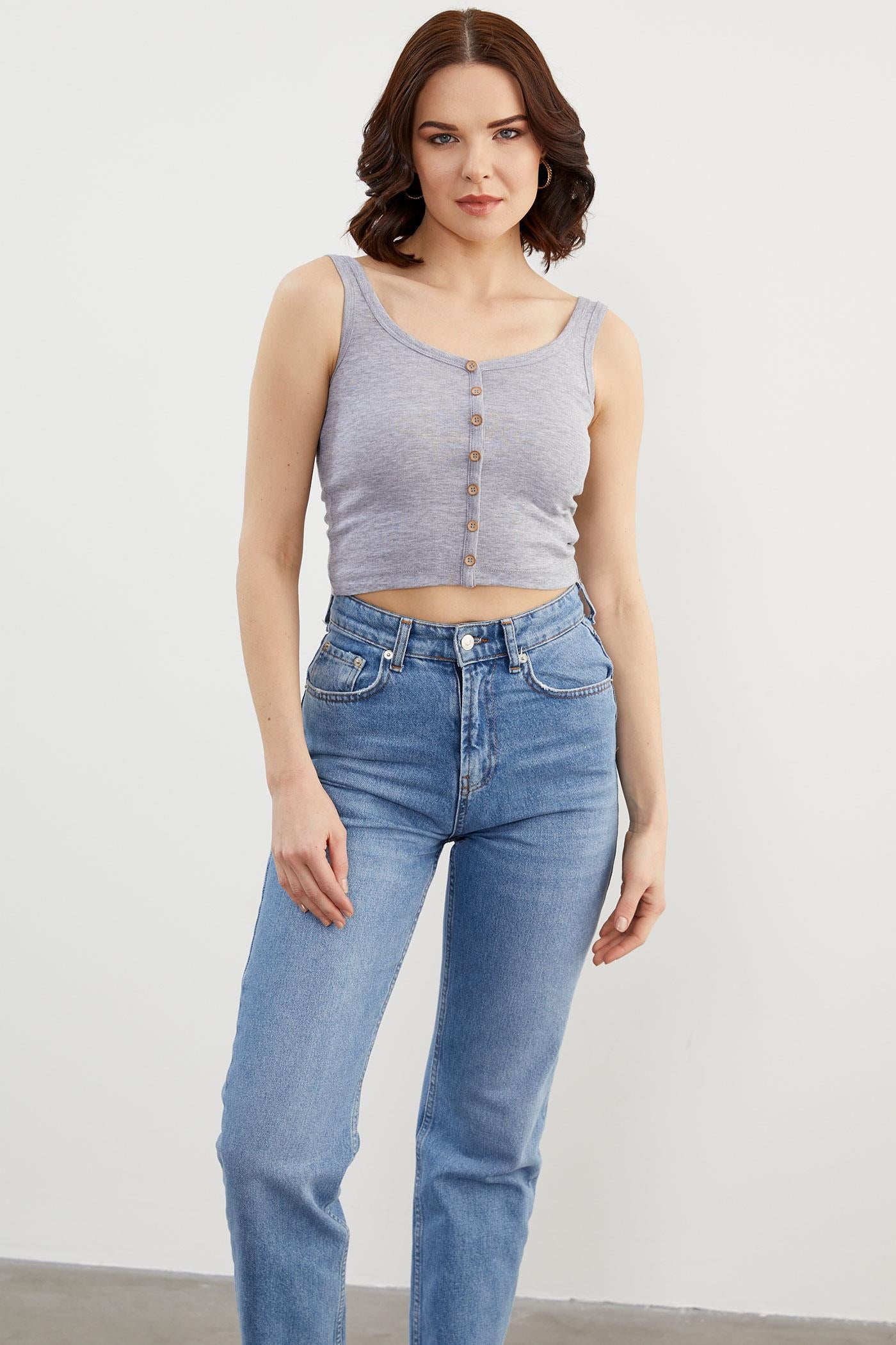 Düğmeli Kısa Kalın Askılı Atlet - Gri (3) Sementa