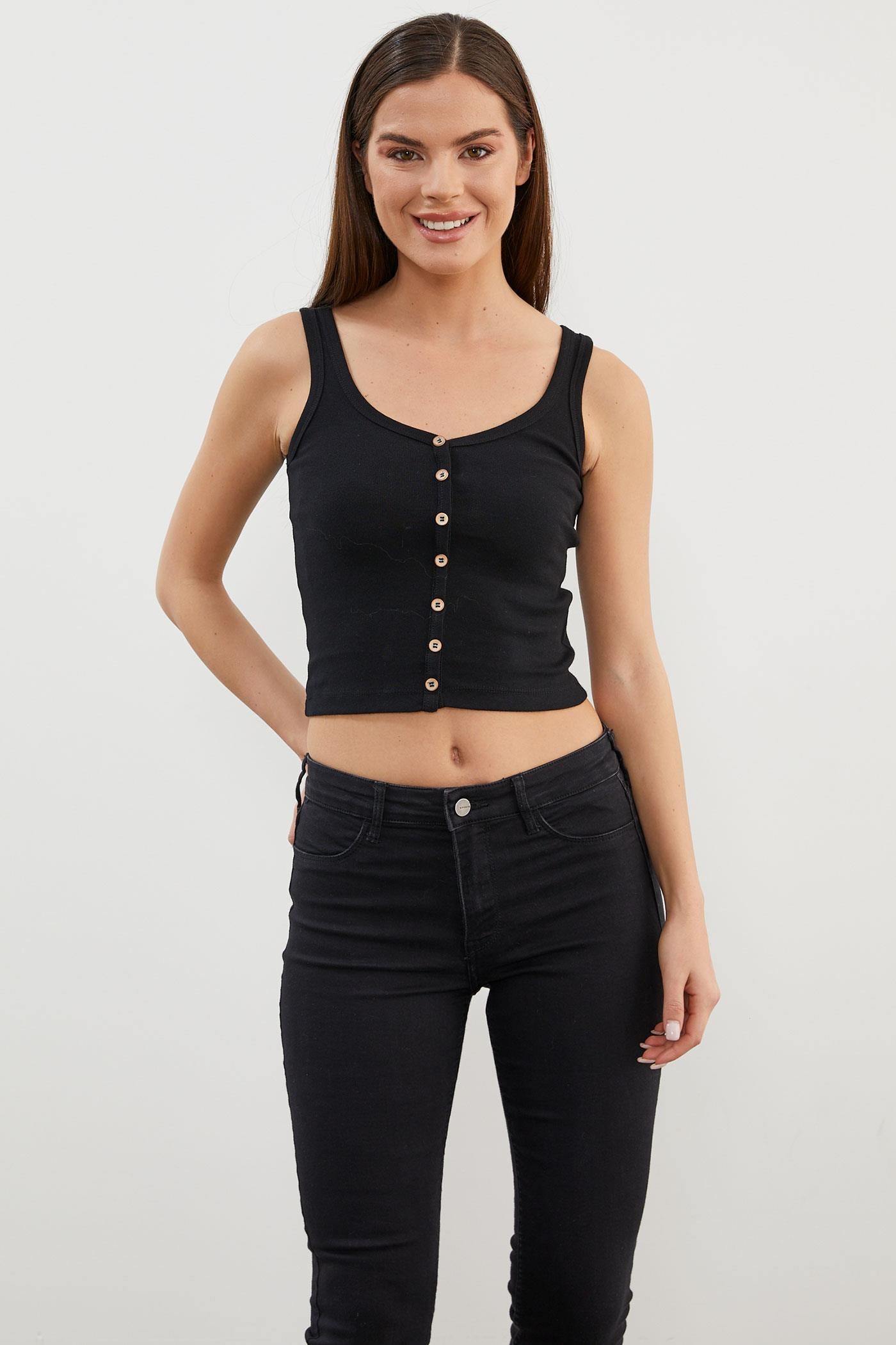 Düğmeli Kısa Kalın Askılı Atlet - Siyah (3) Sementa