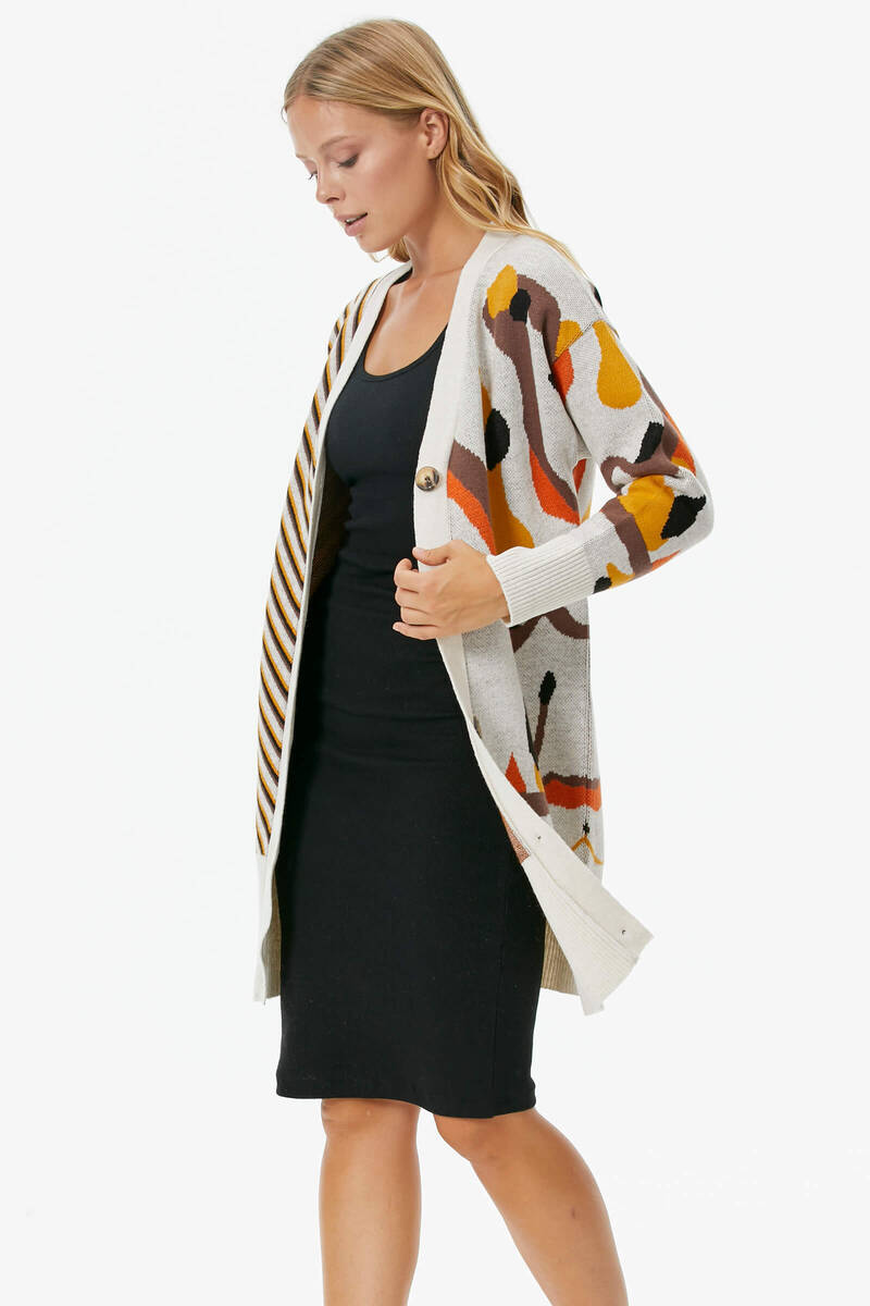 Düğmeli Renk Desenli Triko Hırka - Beyaz (3) Sementa