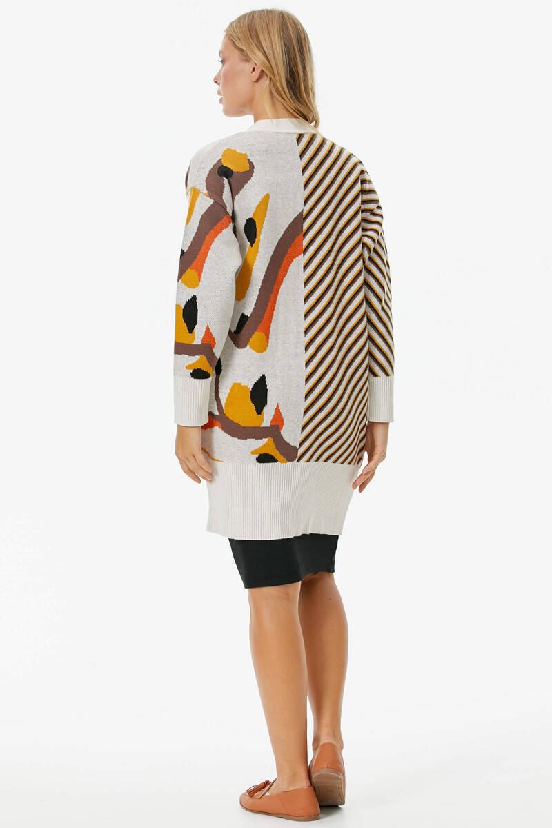 Düğmeli Renk Desenli Triko Hırka - Beyaz (4) Sementa