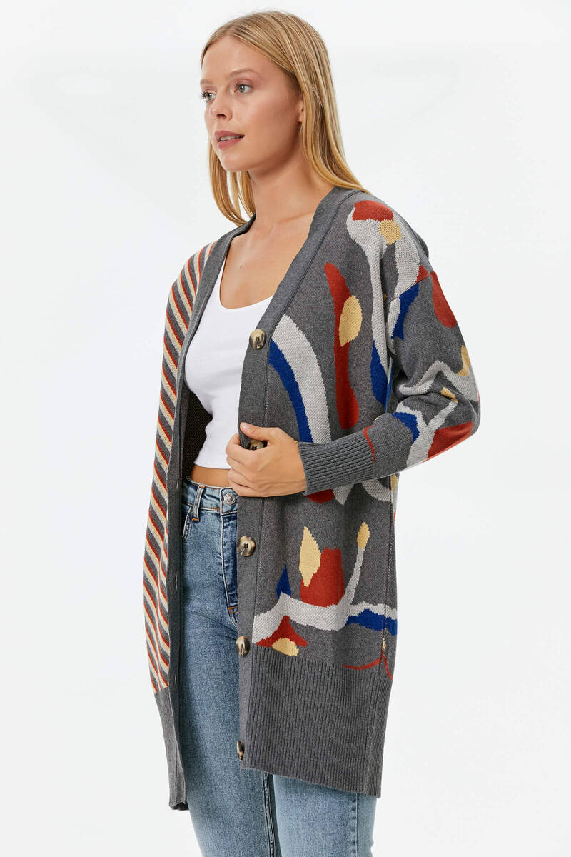 Düğmeli Renk Desenli Triko Hırka - Koyu Gri (3) Sementa