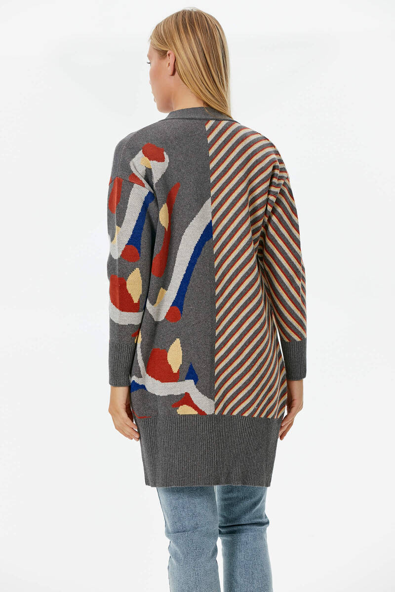 Düğmeli Renk Desenli Triko Hırka - Koyu Gri (4) Sementa
