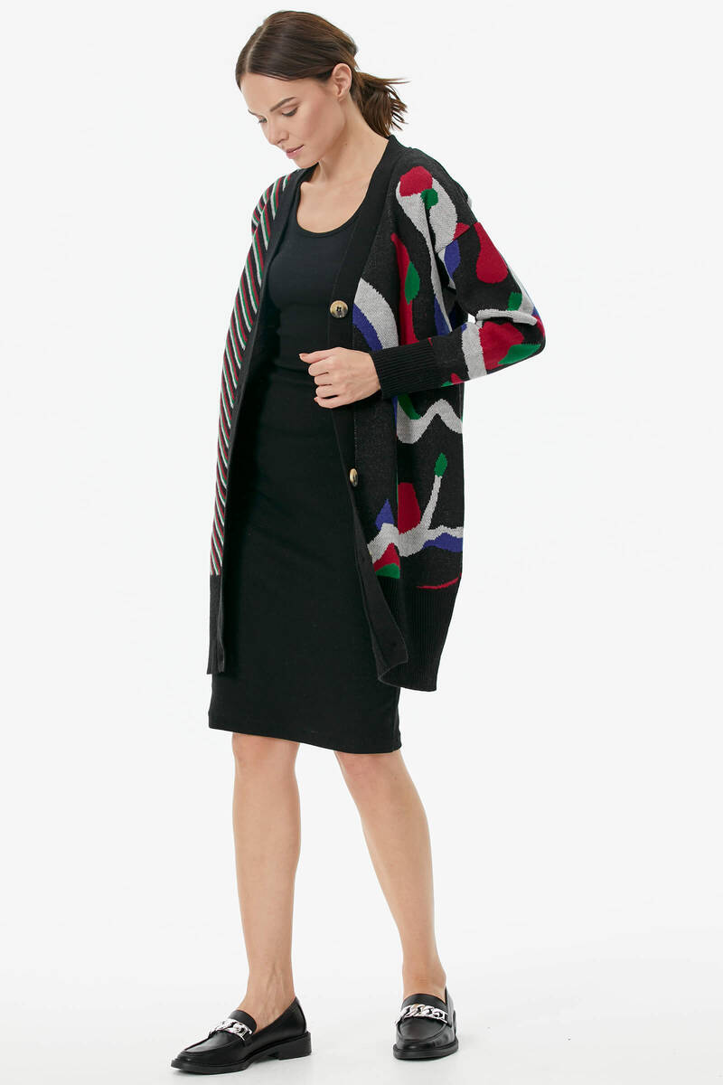 Düğmeli Renk Desenli Triko Hırka - Siyah (3) Sementa
