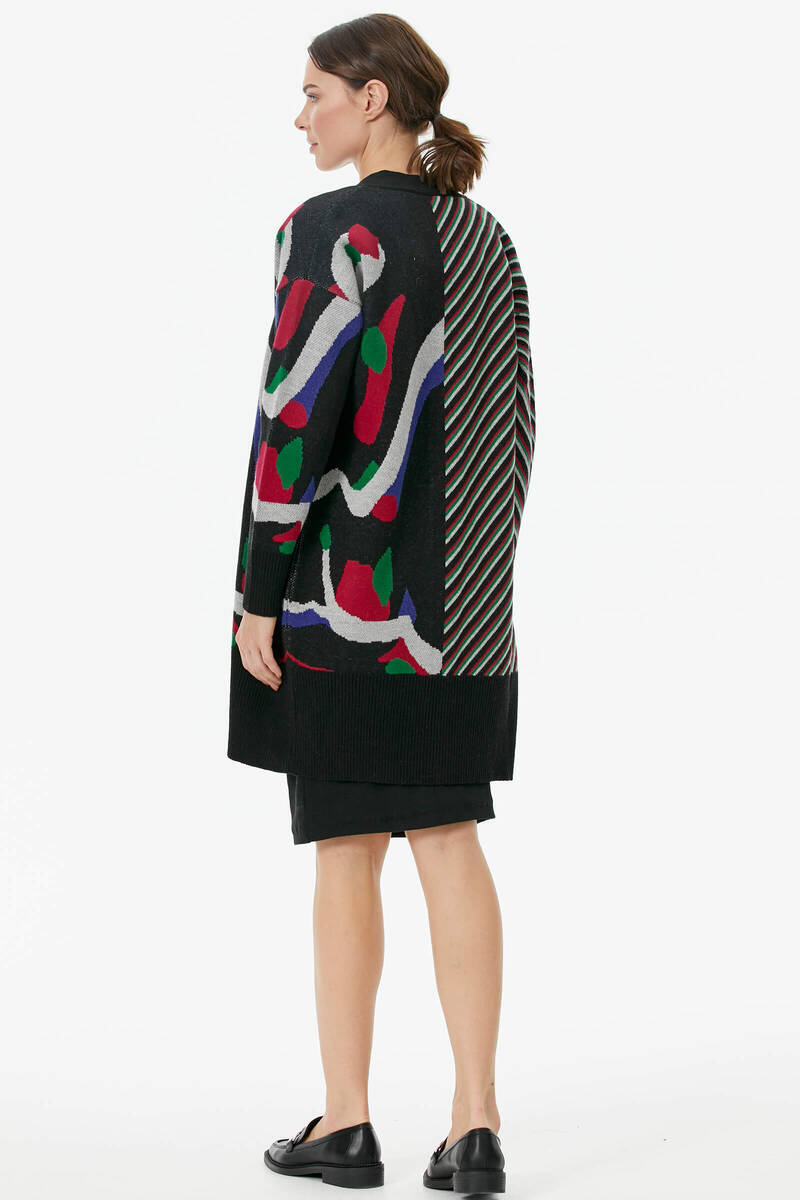 Düğmeli Renk Desenli Triko Hırka - Siyah (4) Sementa