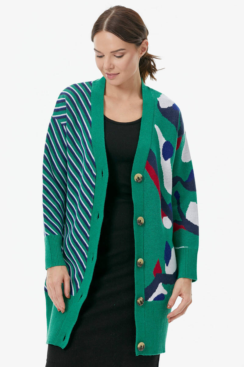 Düğmeli Renk Desenli Triko Hırka - Yeşil (3) Sementa