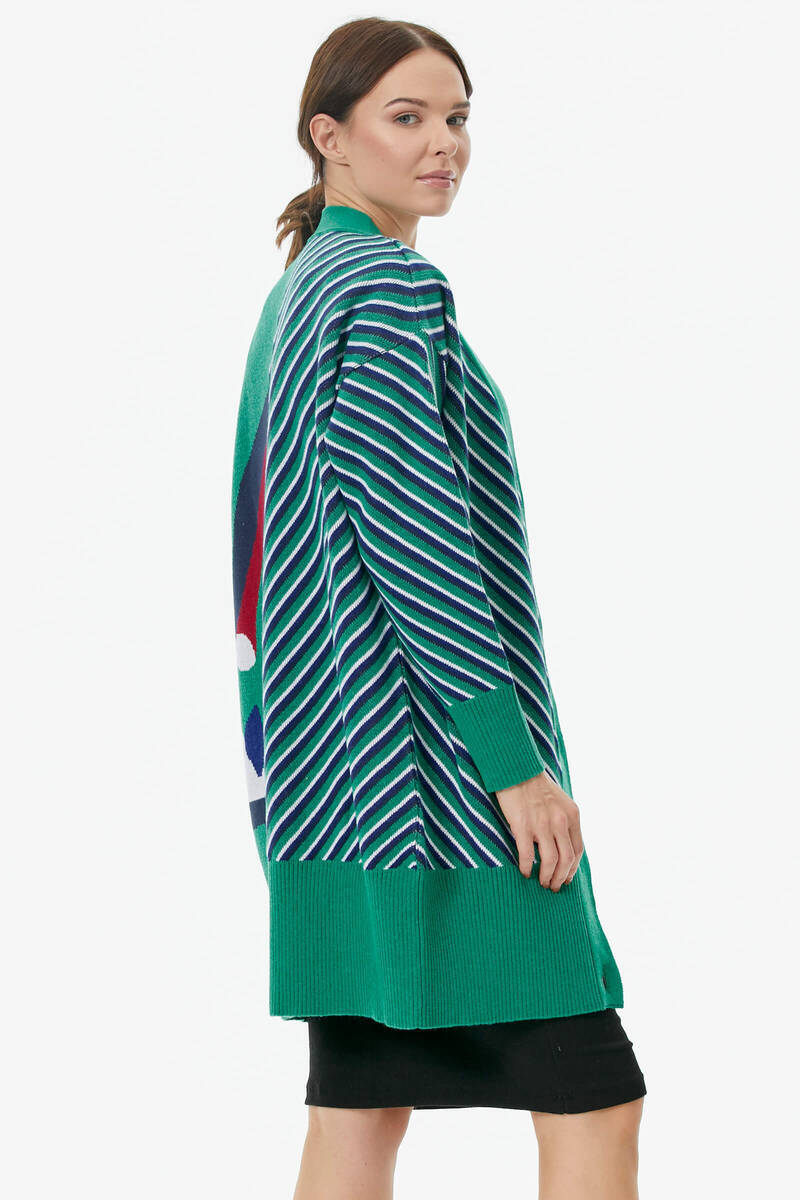 Düğmeli Renk Desenli Triko Hırka - Yeşil (4) Sementa