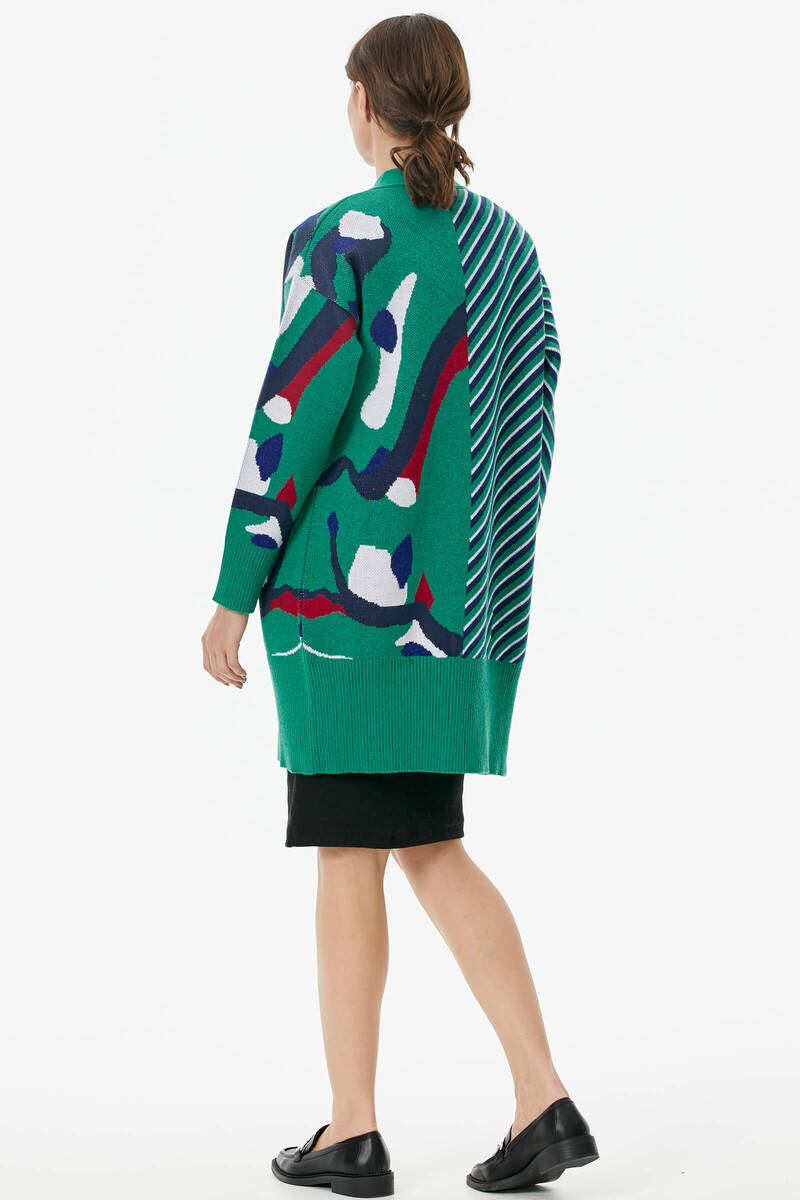 Düğmeli Renk Desenli Triko Hırka - Yeşil (5) Sementa