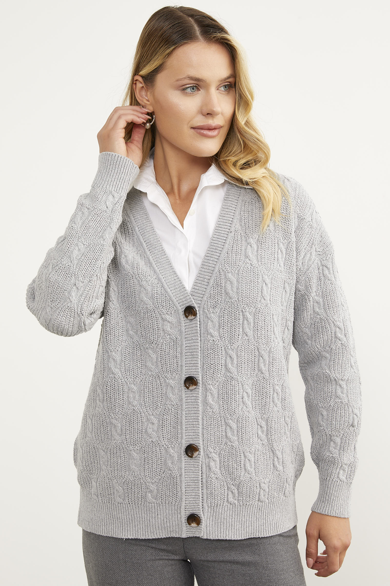 Düğmeli Saç Örgü Triko Hırka - Açık Gri (5) Sementa