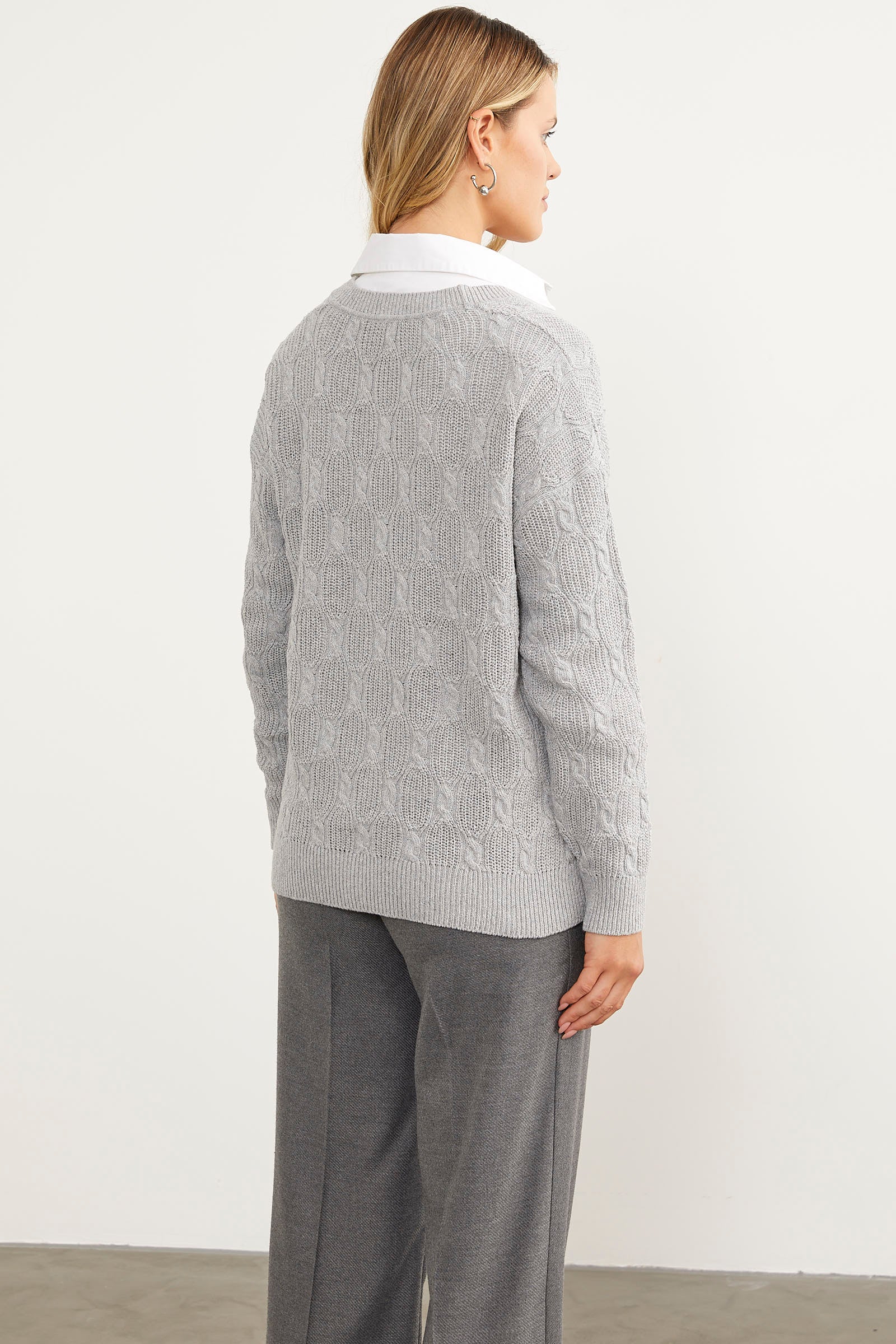 Düğmeli Saç Örgü Triko Hırka - Açık Gri (9) Sementa