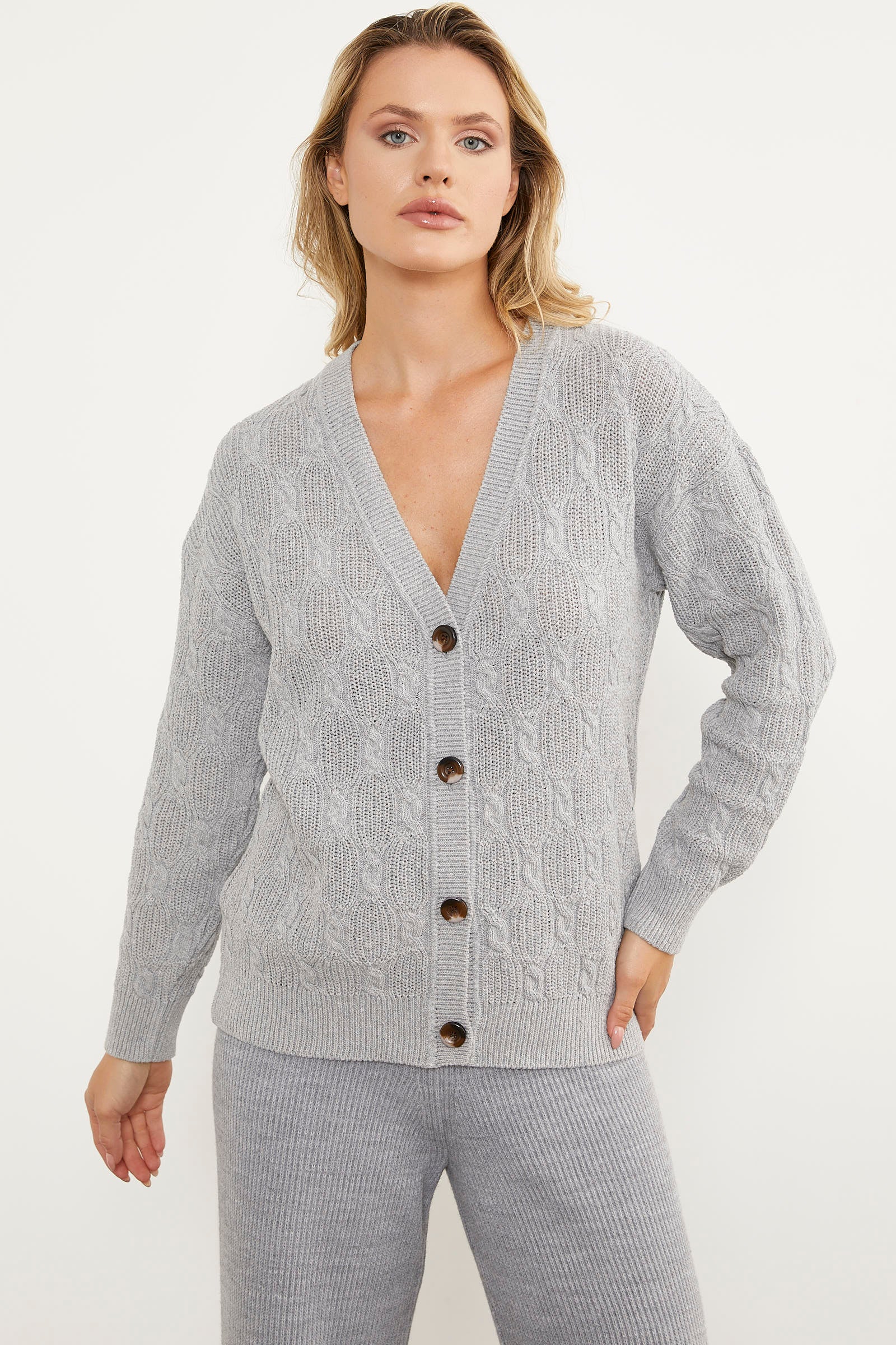 Düğmeli Saç Örgü Triko Hırka - Açık Gri (1) Sementa