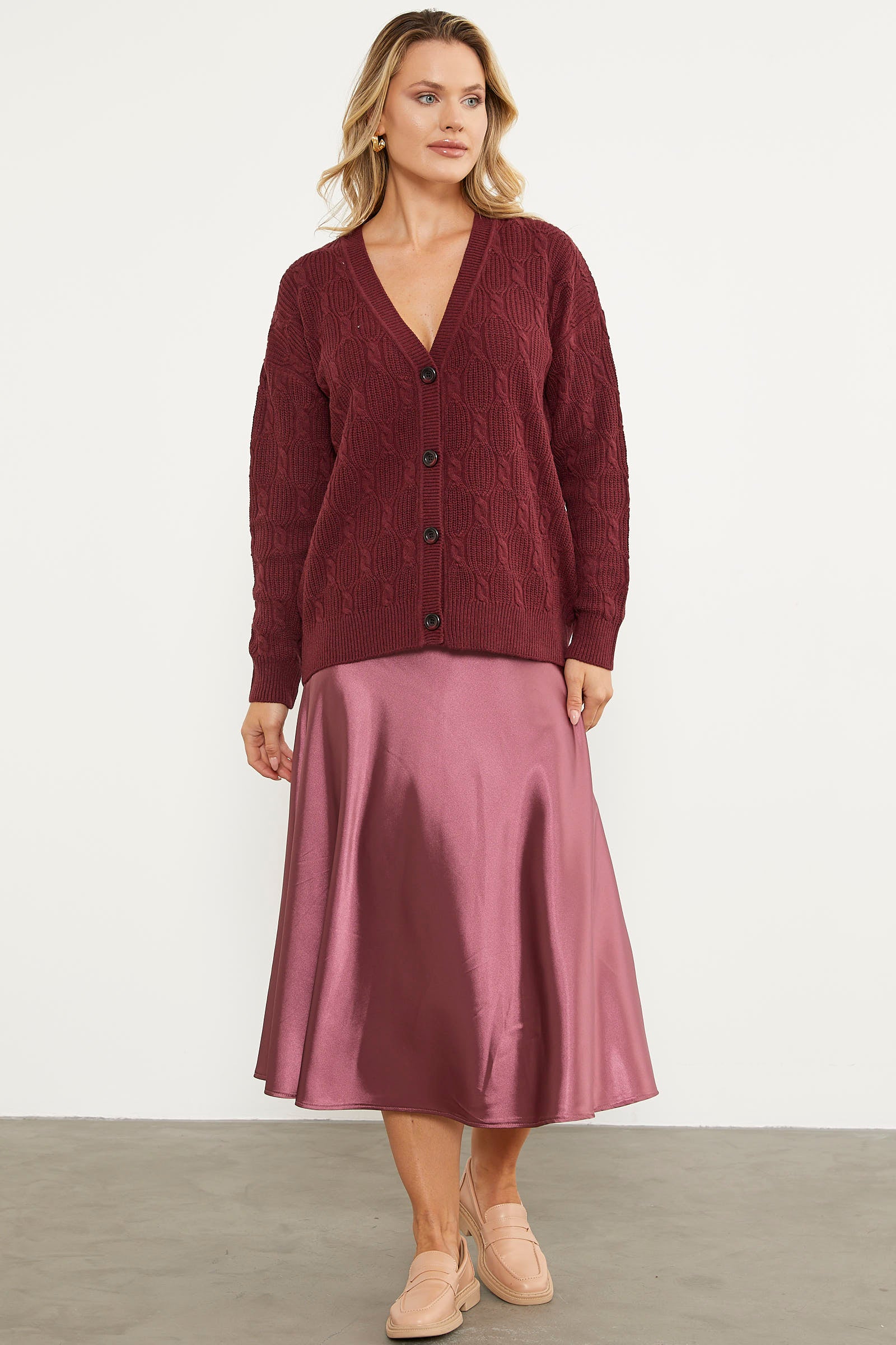 Düğmeli Saç Örgü Triko Hırka - Bordo (5) Sementa