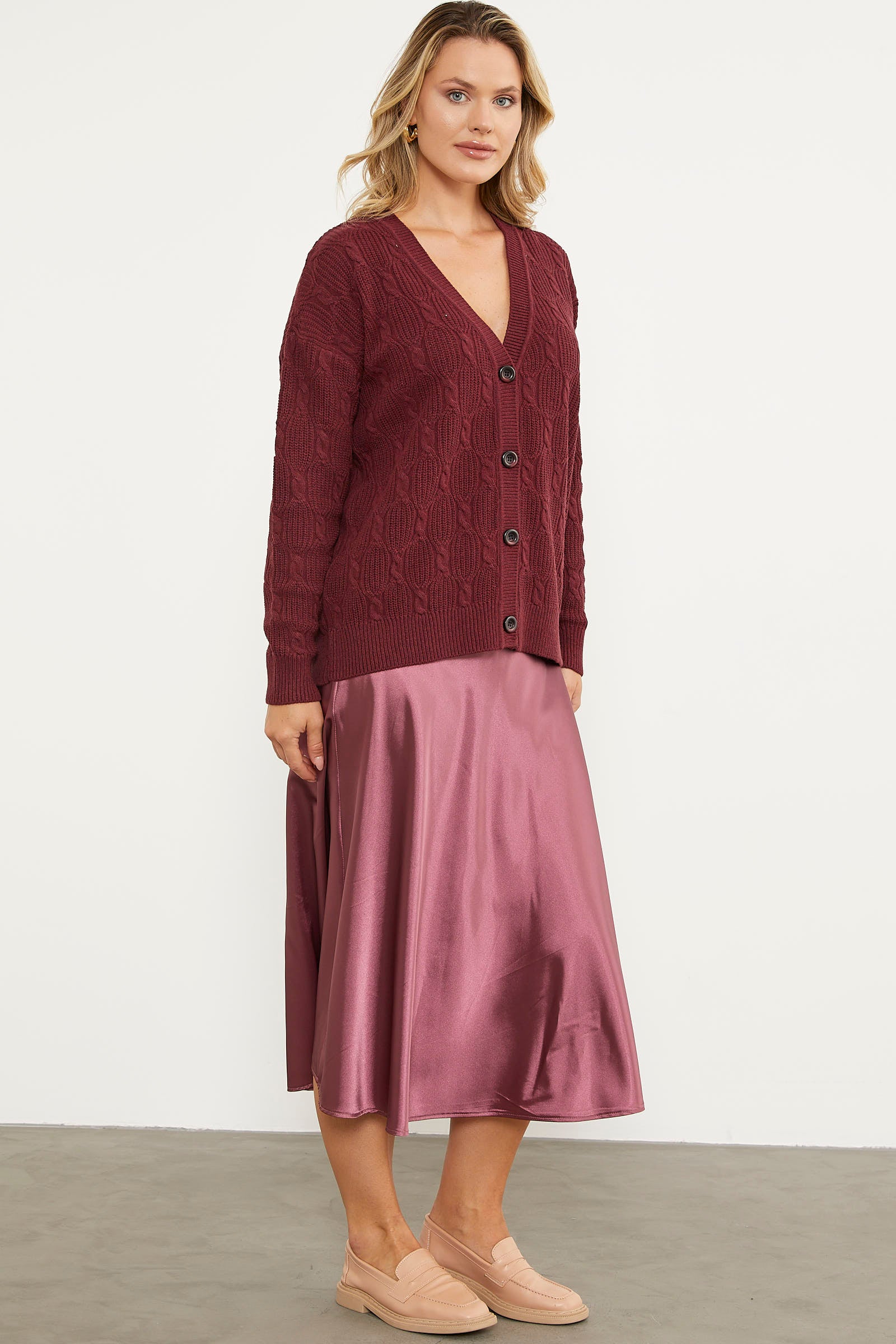 Düğmeli Saç Örgü Triko Hırka - Bordo (3) Sementa